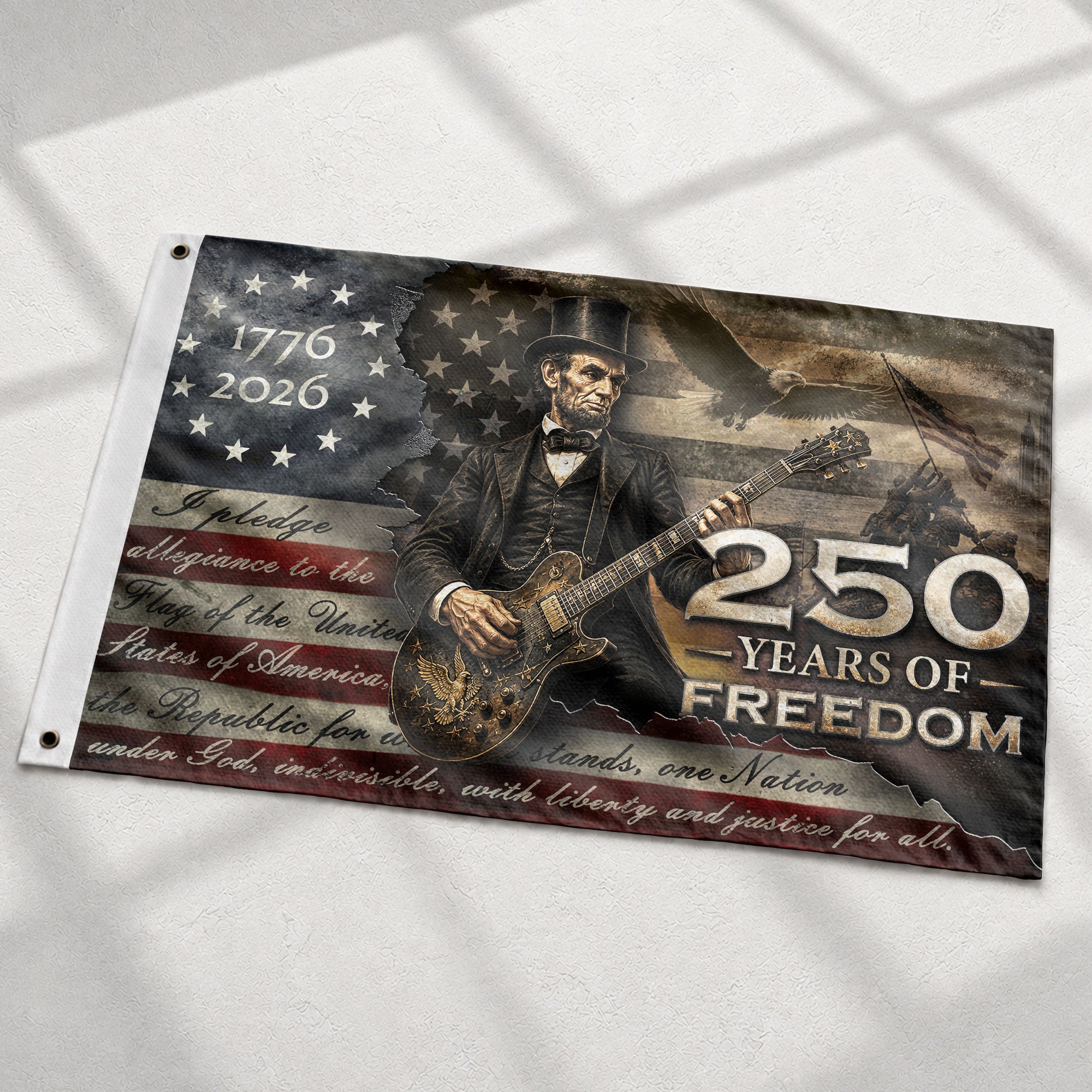 250 Years of Freedom Flag 1776-2026 Abraham Lincoln Guitar Eagle Patriotic US Banner