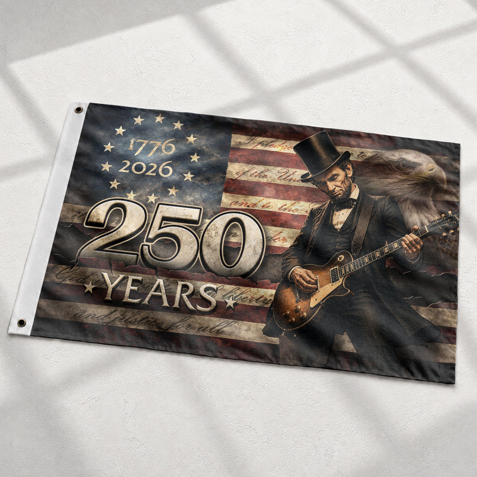 Patriotic 250 Years of Freedom Flag 1776-2026 Abraham Lincoln Guitar Bald Eagle US Banner - Rust Field Wear