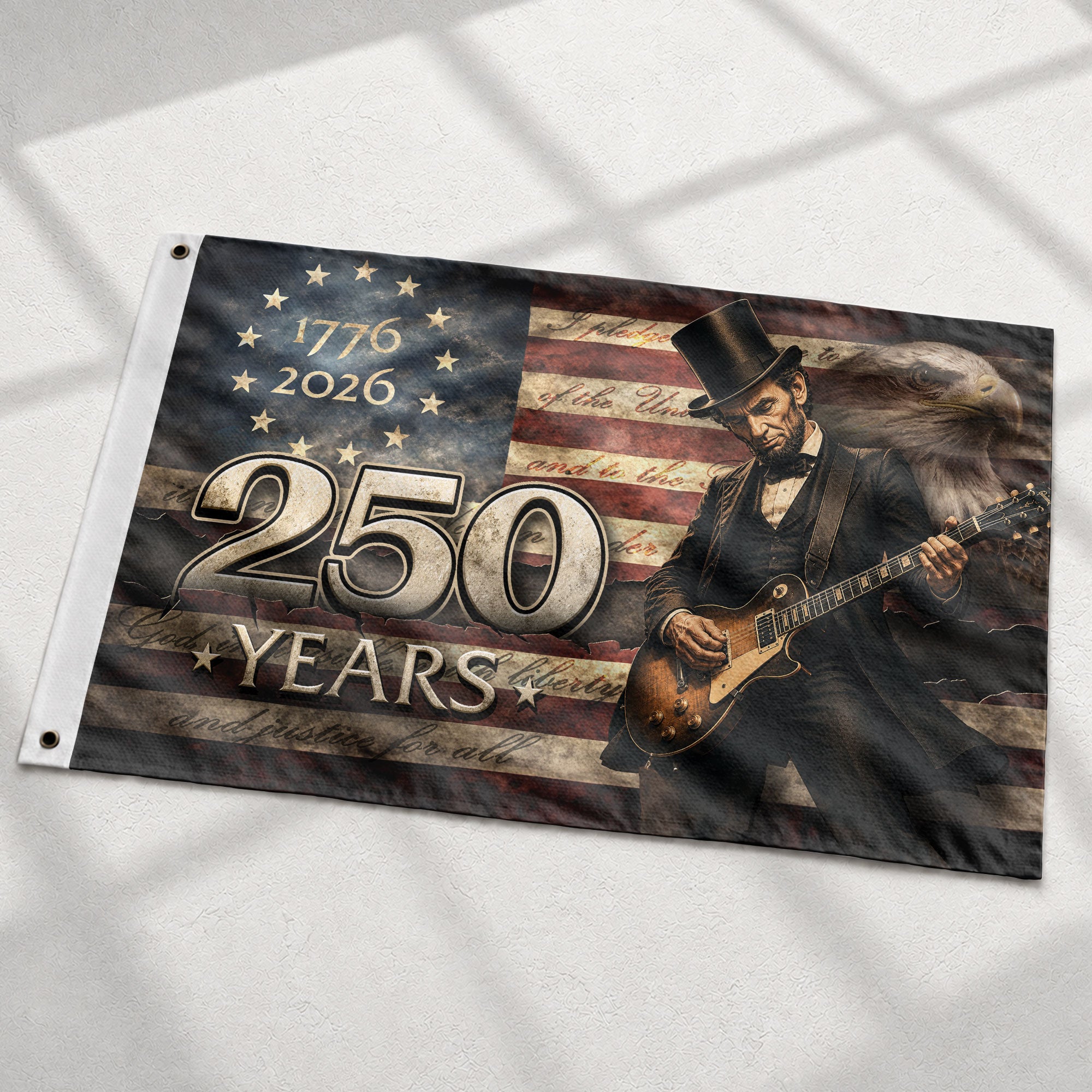 Patriotic 250 Years of Freedom Flag 1776-2026 Abraham Lincoln Guitar Bald Eagle US Banner