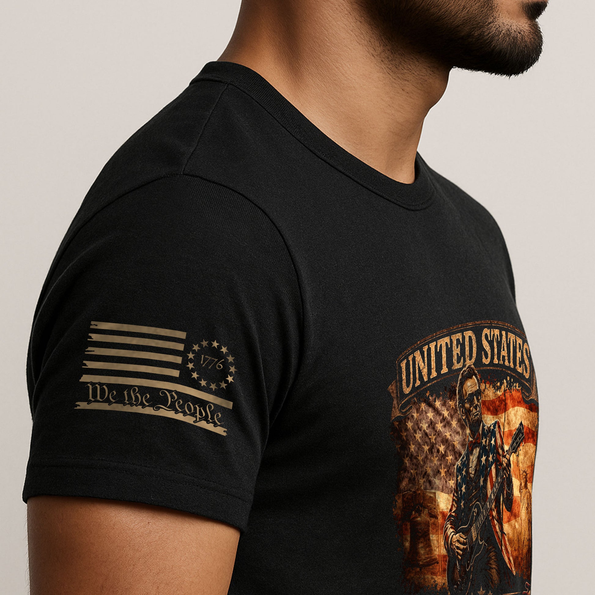 Flag Jacket Lincoln Guitar Shirt Sunglasses Liberty Bell Patriotic 1776 2026 Men Tee - Rust Field Wear