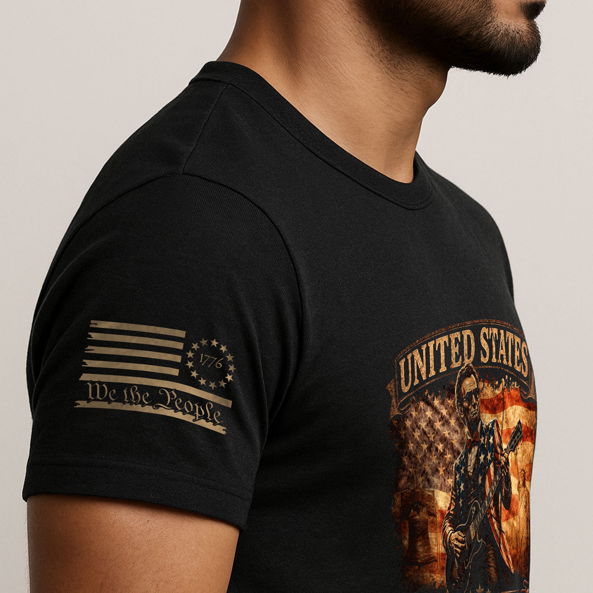 Flag Jacket Lincoln Guitar Shirt Sunglasses Liberty Bell Patriotic 1776 2026 Men Tee - Rust Field Wear