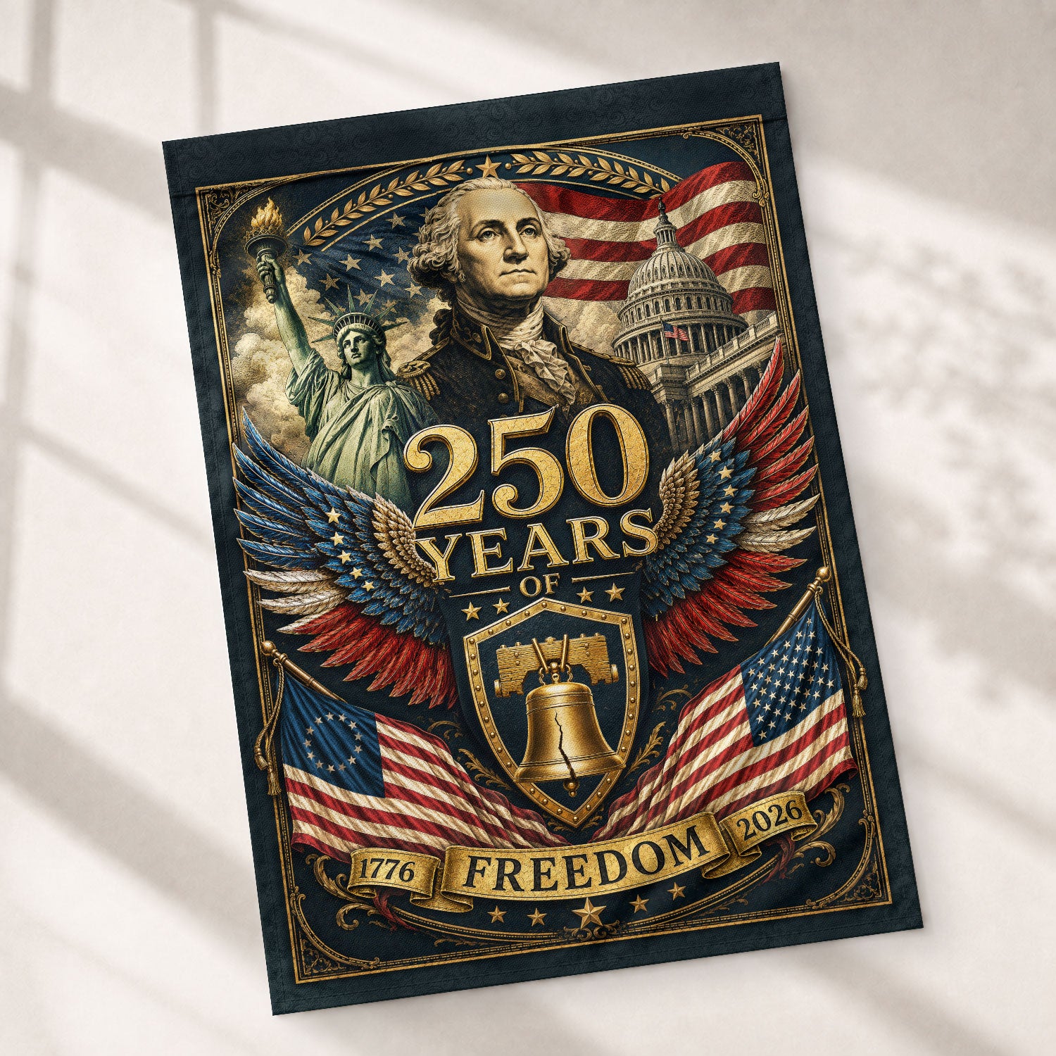 250 Years of Freedom Garden Flag 1776-2026 George Washington Liberty Bell Patriotic Decor - Rust Field Wear