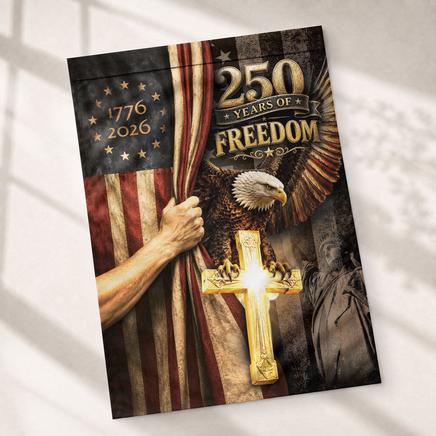 House Flag Christian Cross Eagle 250 Years of Freedom 1776-2026 Patriotic