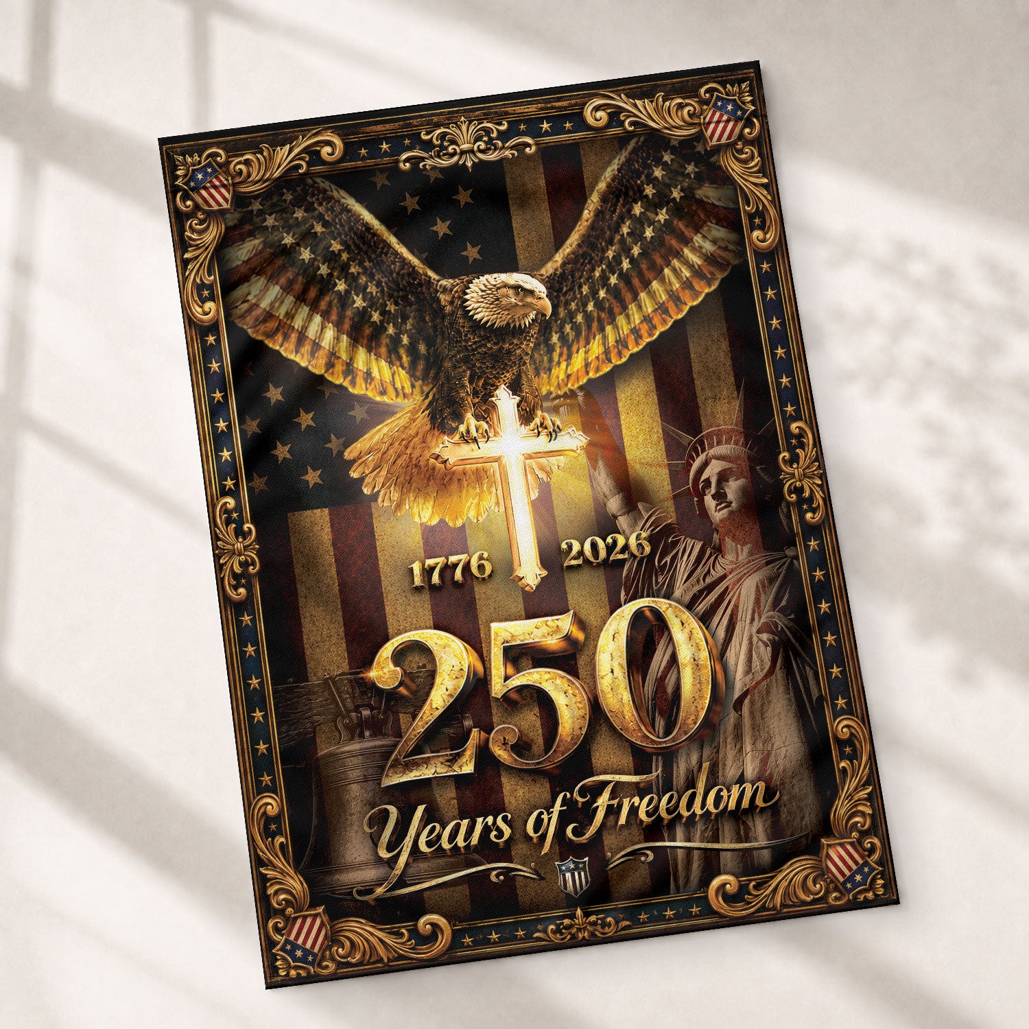 1776-2026 Christian Cross Eagle Statue of Liberty House Flag 250 Years Banner Decor