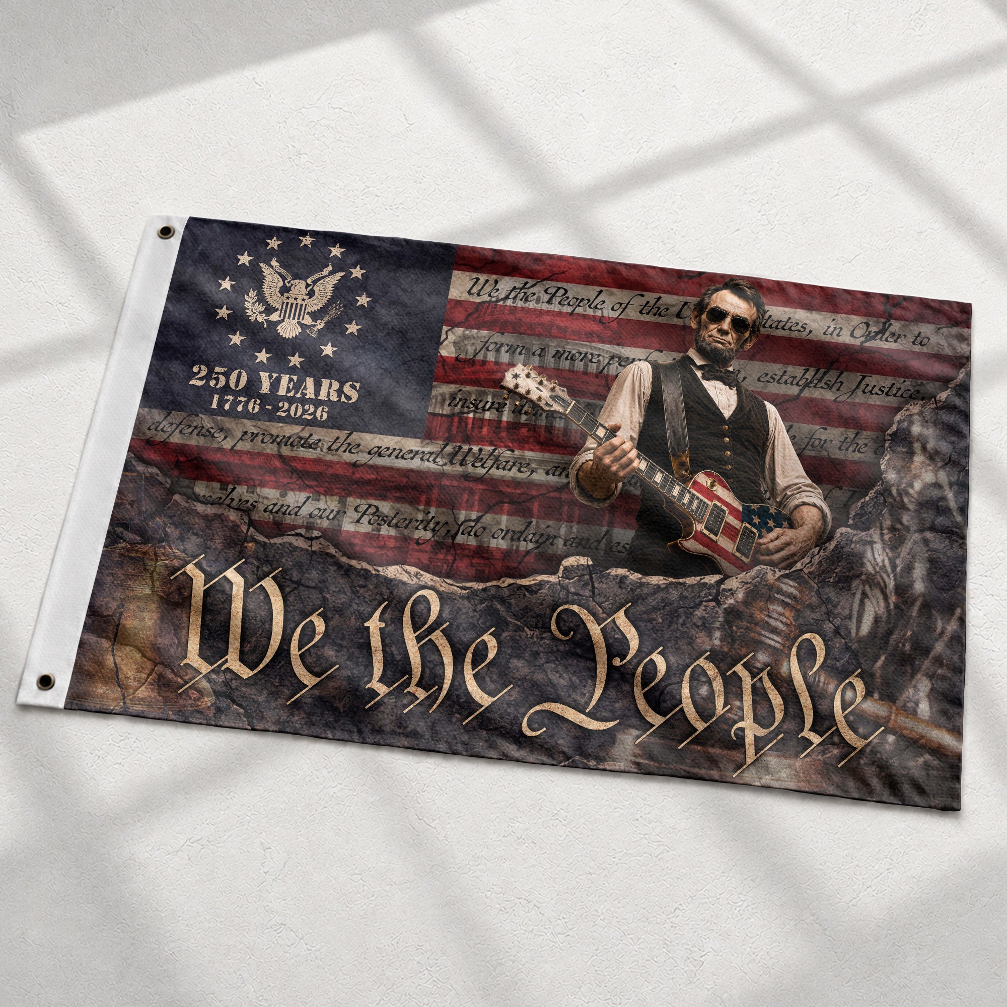 250 Years of Freedom Flag 1776-2026 Abraham Lincoln Guitar Bald Eagle Patriotic US Banner