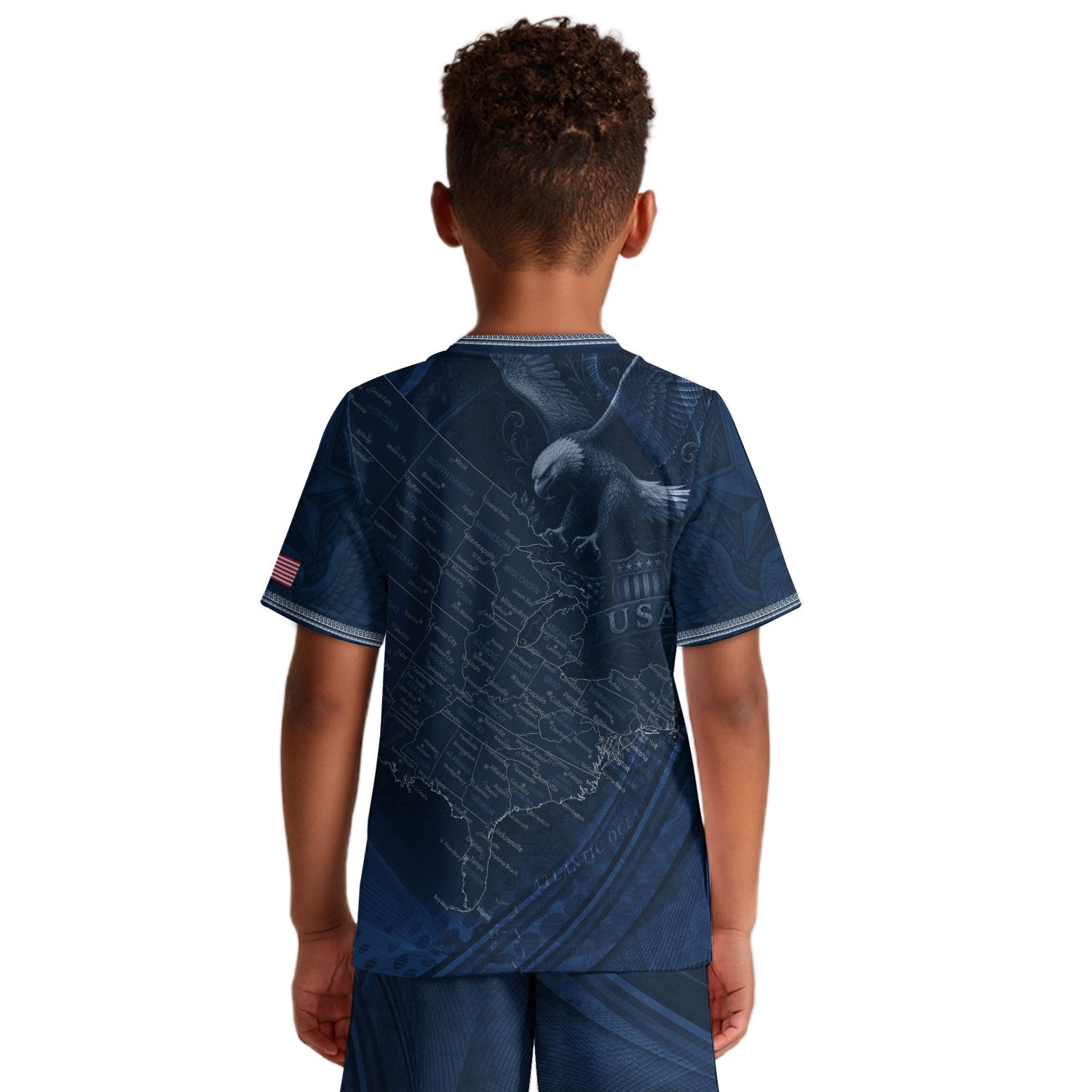 USA Kids Soccer Jersey Set Navy Blue Eagle Map Patriotic Football Outfit Kit
