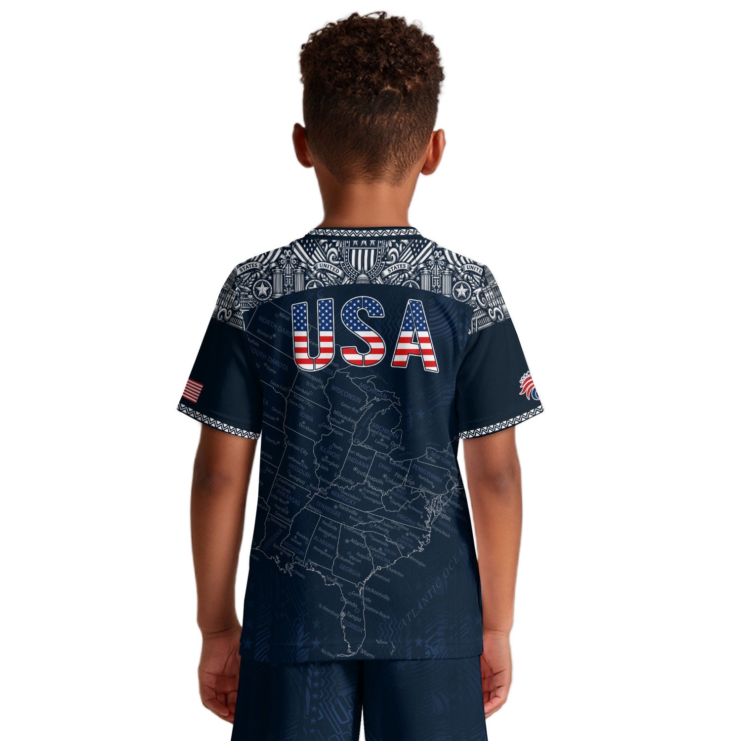 USA Kids Soccer Jersey Set Navy Blue Flag Graphic Youth Football Kit