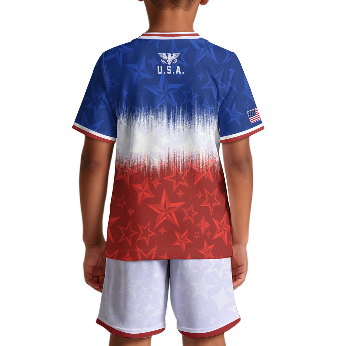 USA Kids Soccer Jersey Youth Blue White Red Tie Dye Stars Patriotic Football Shirt - Rust Field Wear