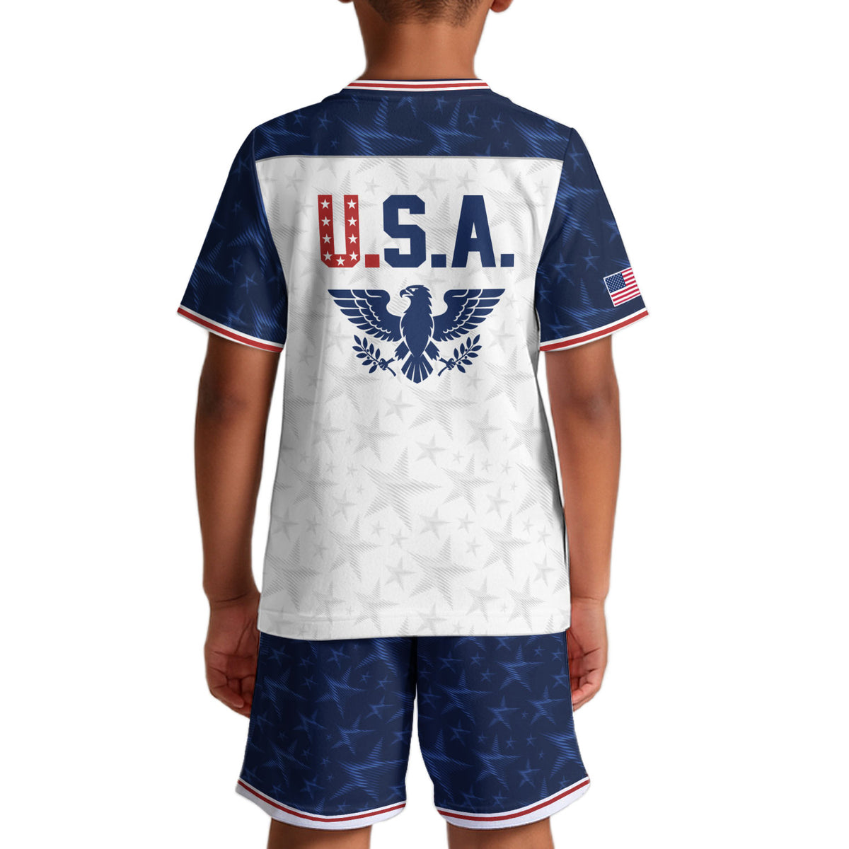 USA Kids Soccer Jersey Youth White Blue Raglan Patriotic Stars Eagle Football Shirt - Rust Field Wear