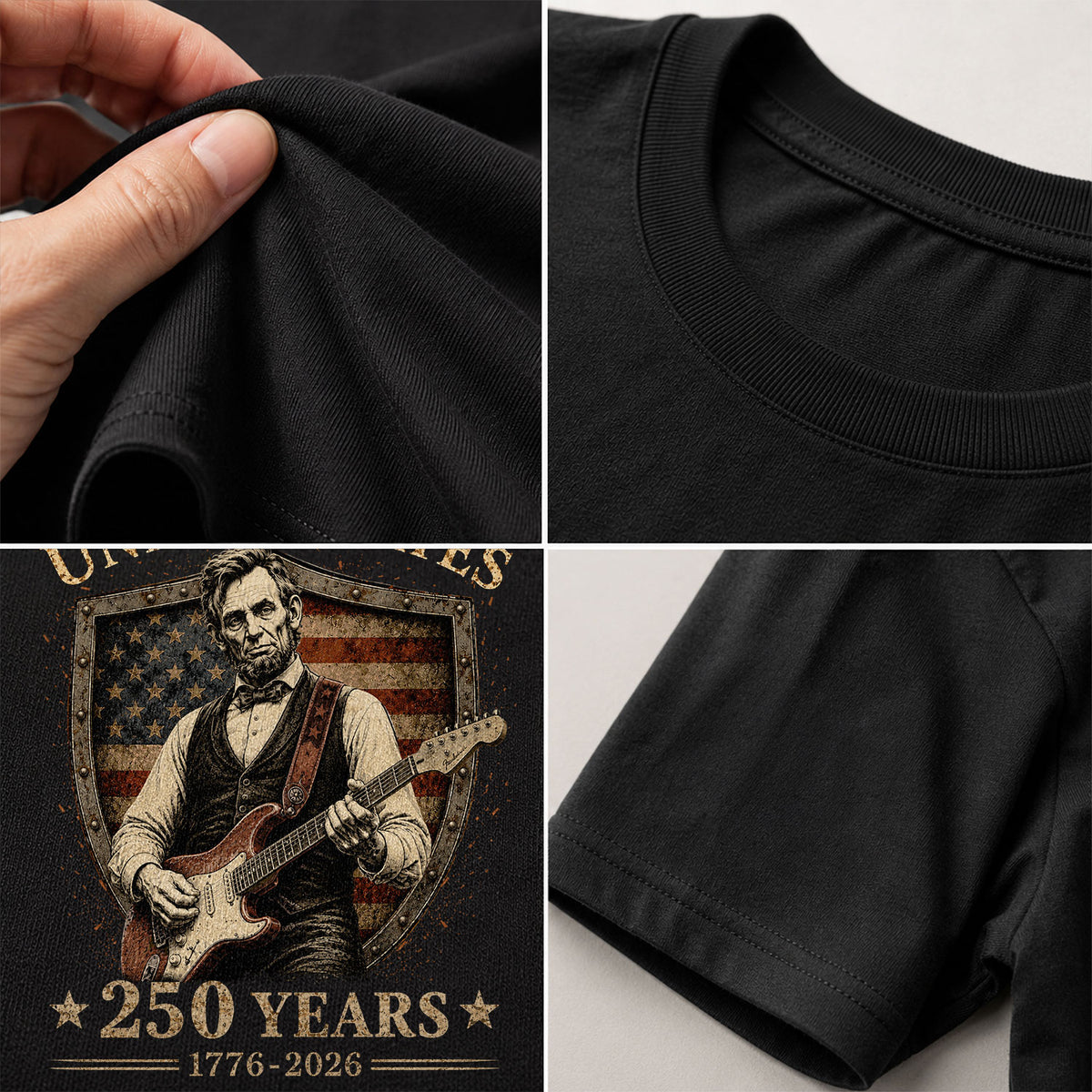 T-Shirt Kid Shield Abraham Lincoln Guitar 1776-2026 America 250 Years Patriotic Tee - Rust Field Wear