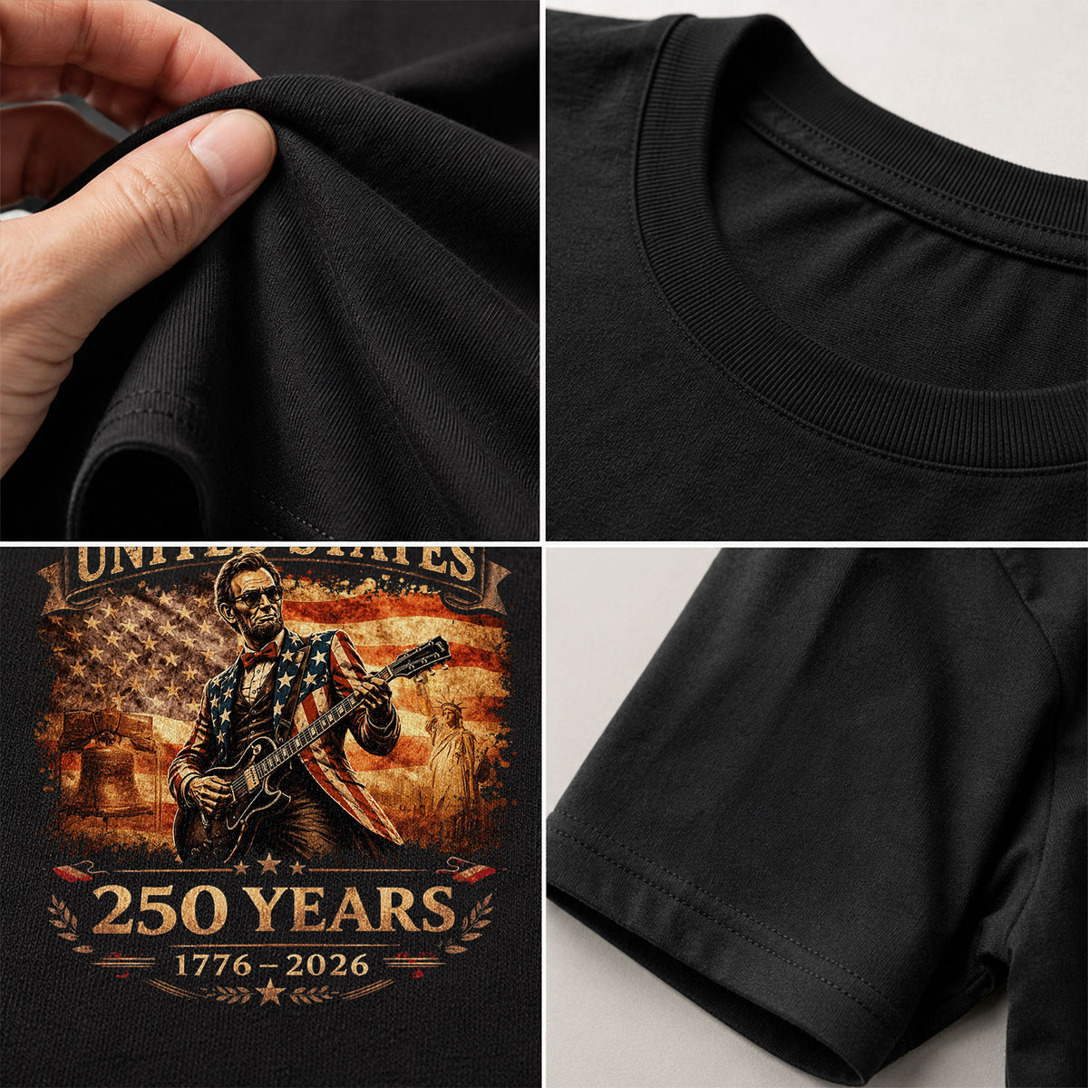 Kids America 250 Years T-Shirt 1776–2026 Lincoln Guitar Patriotic Youth Graphic Tee - Rust Field Wear
