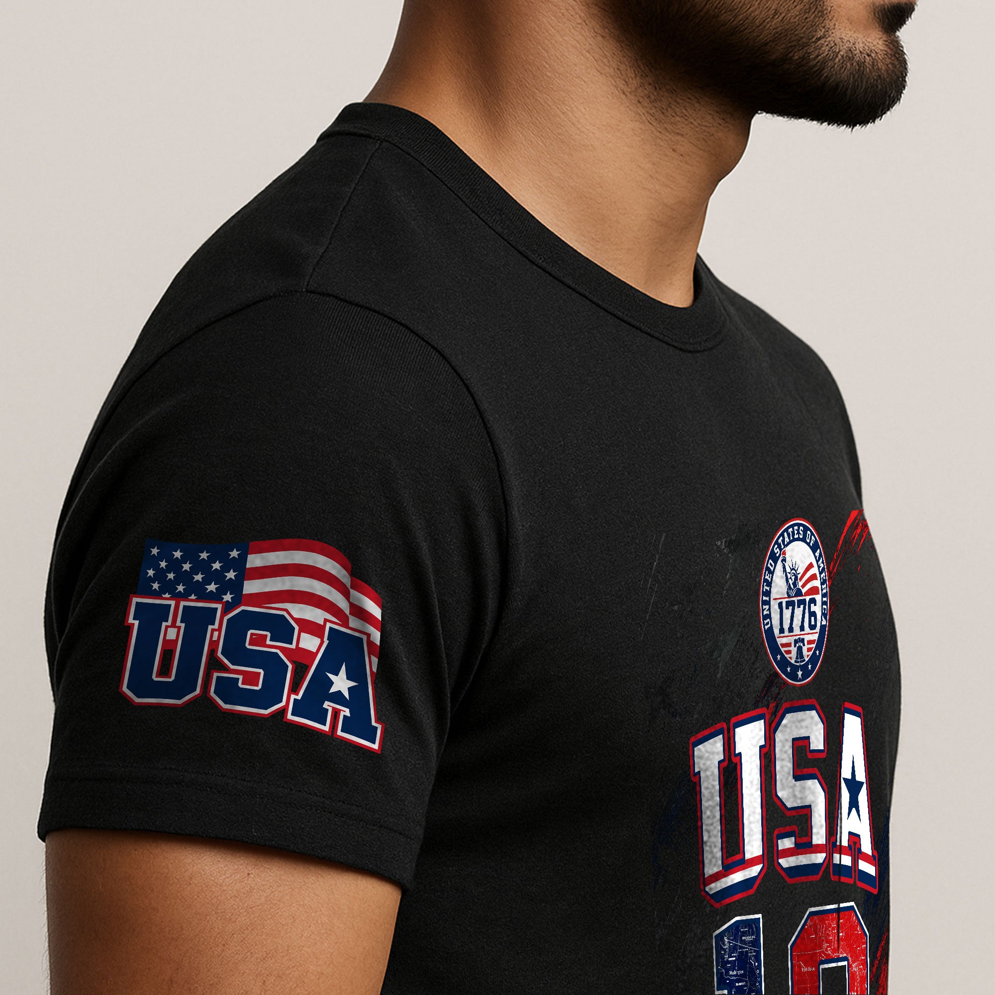 USA 1776 Sport Graphic Tee Patriotic Number 10 Map Design Casual Short Sleeve Shirt - Rust Field Wear