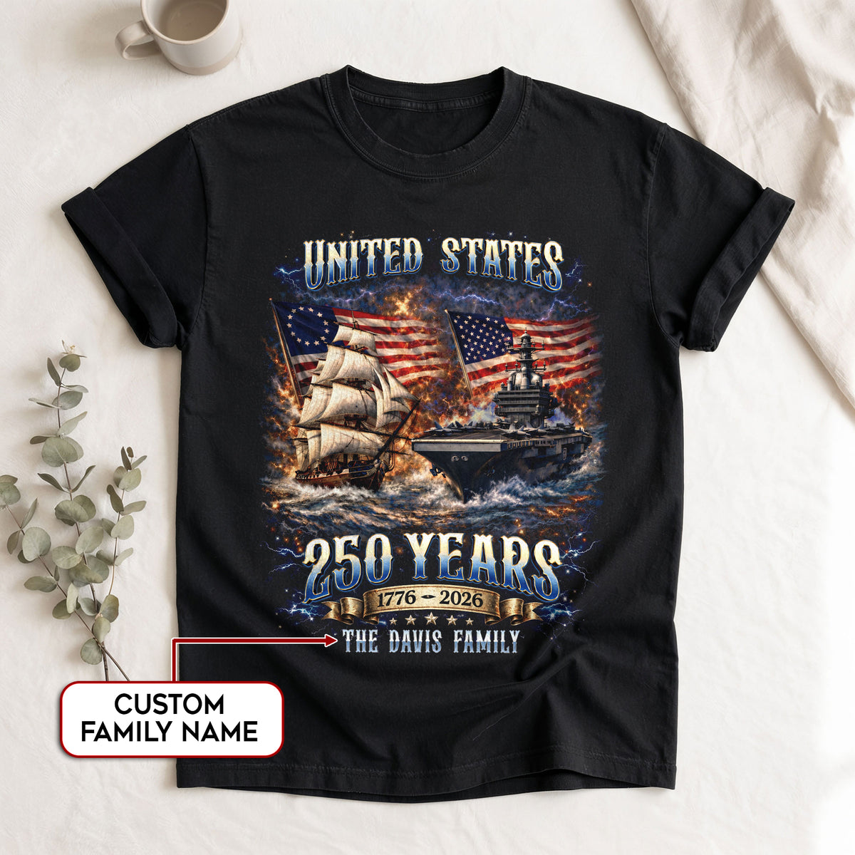 Warship Sailing Vessel Holiday Graphic Tee Customized Custom Family Name USA Shirts - Rust Field Wear