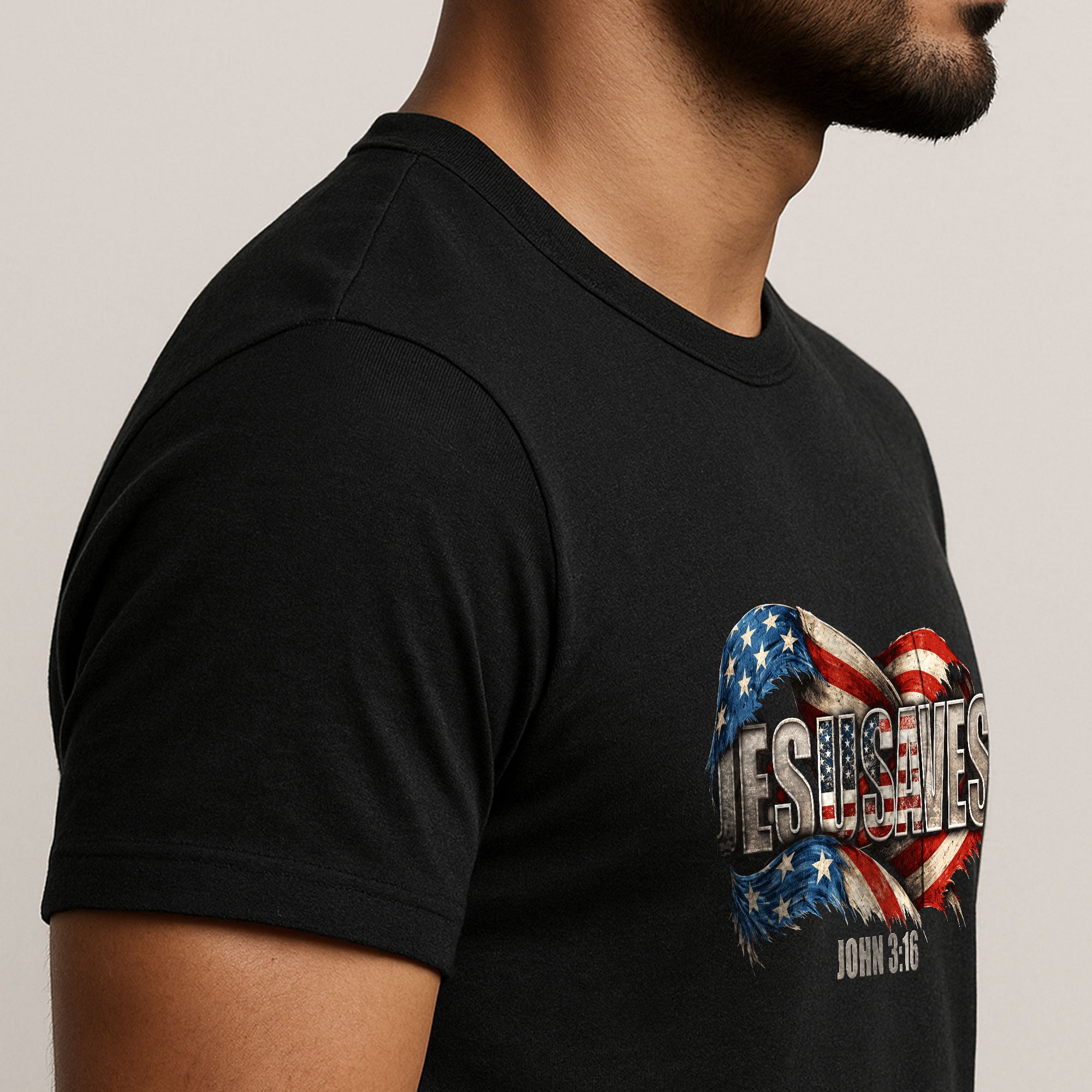 Distressed Flag JESUSAVES Graphic T Shirt John 3 16 Spiritual Patriotic Cotton Top - Rust Field Wear