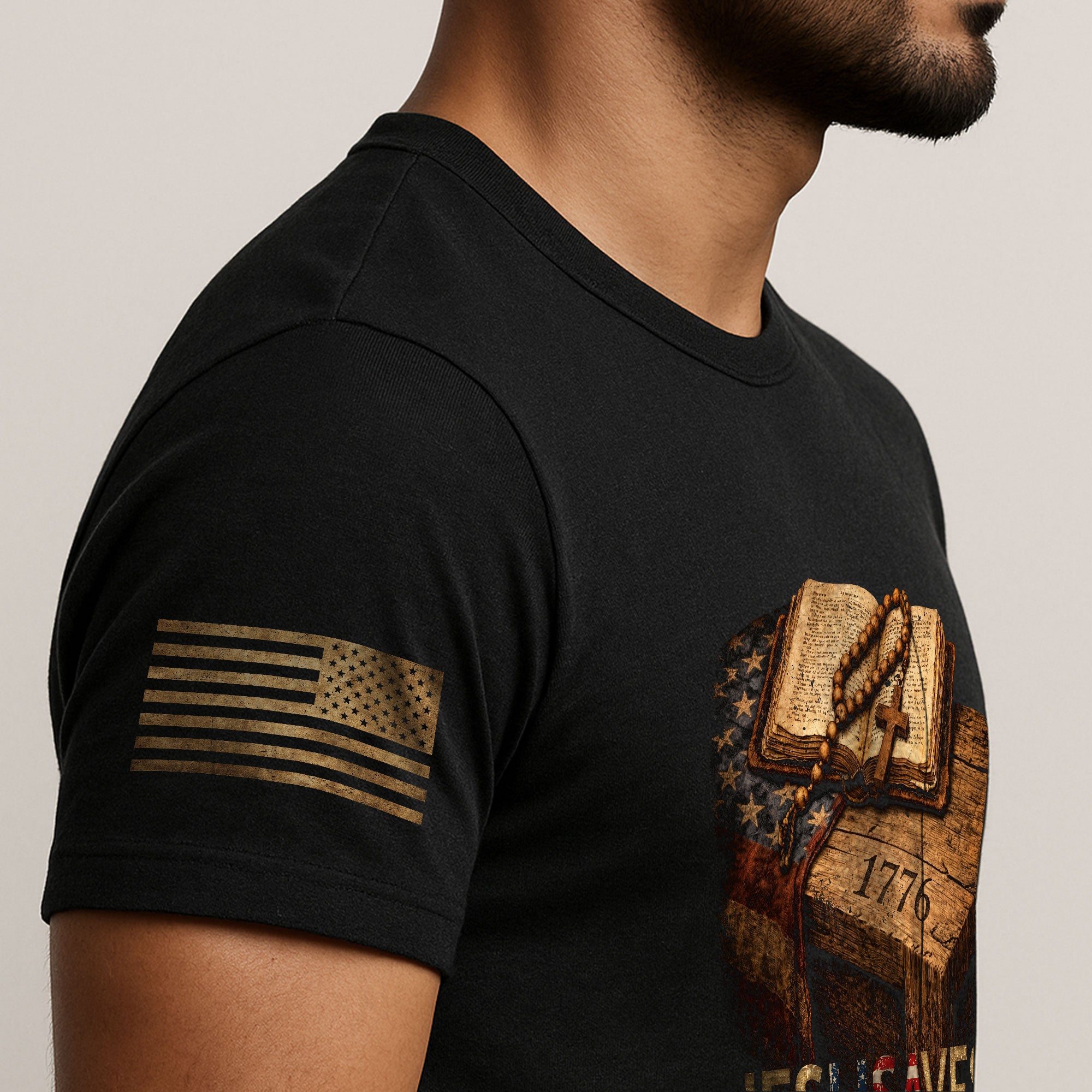 JESUSAVES 1776 Patriotic T-Shirt - Vintage American Flag Graphic Tee - Casual Apparel - Rust Field Wear