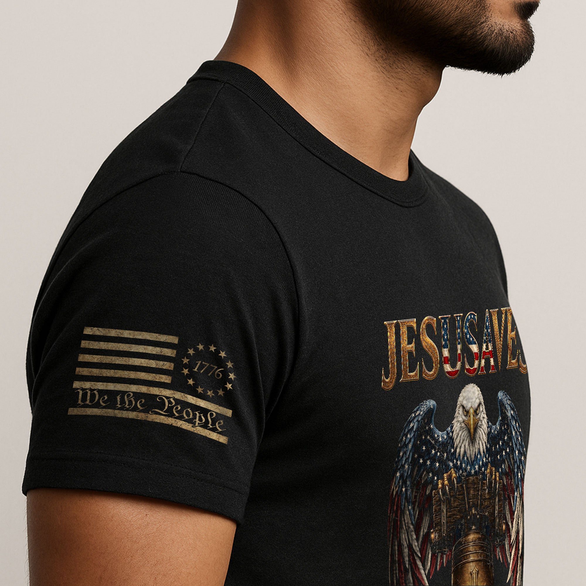 Patriotic JESUSAVES T-Shirt American Eagle Bell Print Stylish Casual Graphic Tee - Rust Field Wear