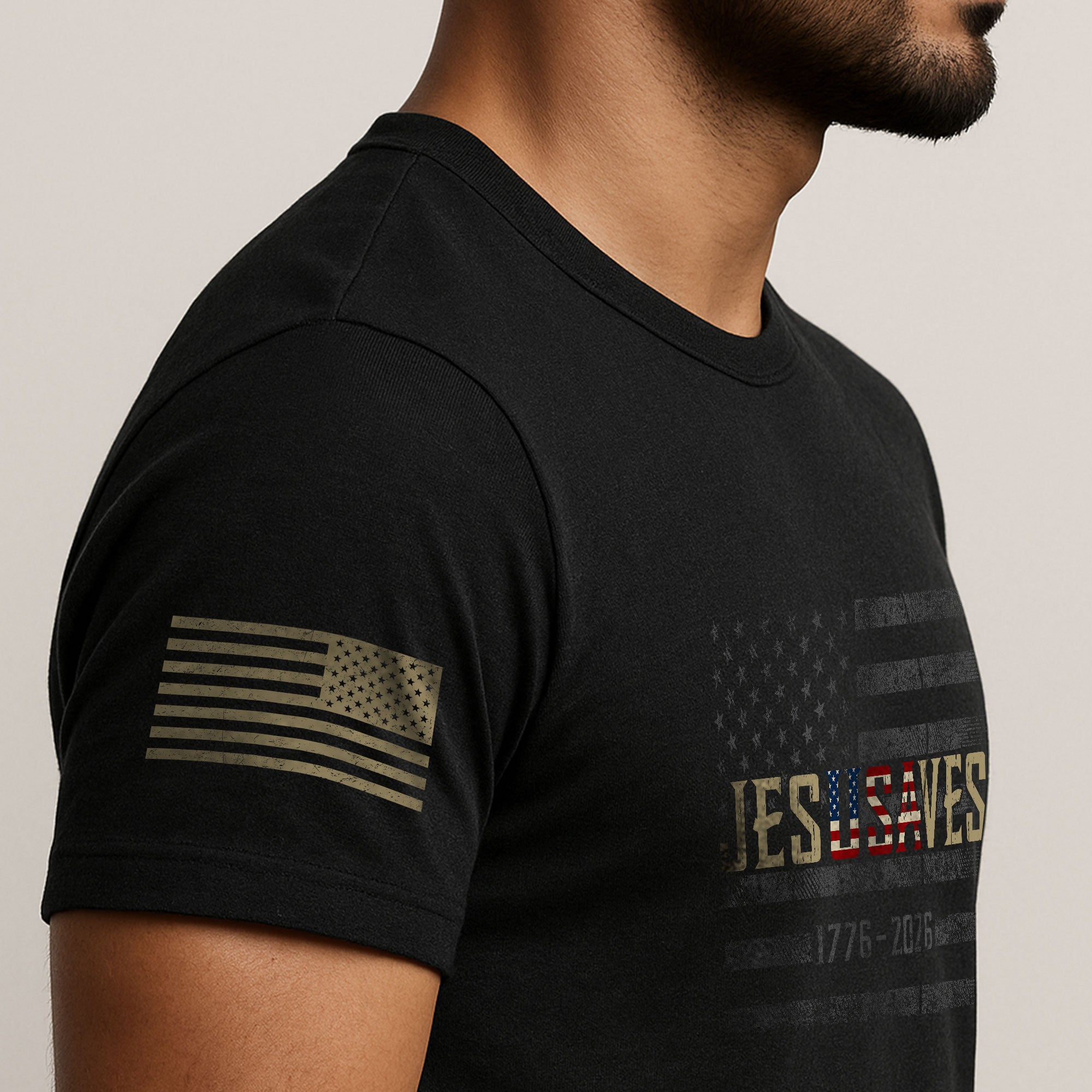 JESUSAVES T-Shirt USA Flag Patriotic 1776 2026 American Pride Men Cotton Tee Shirt - Rust Field Wear