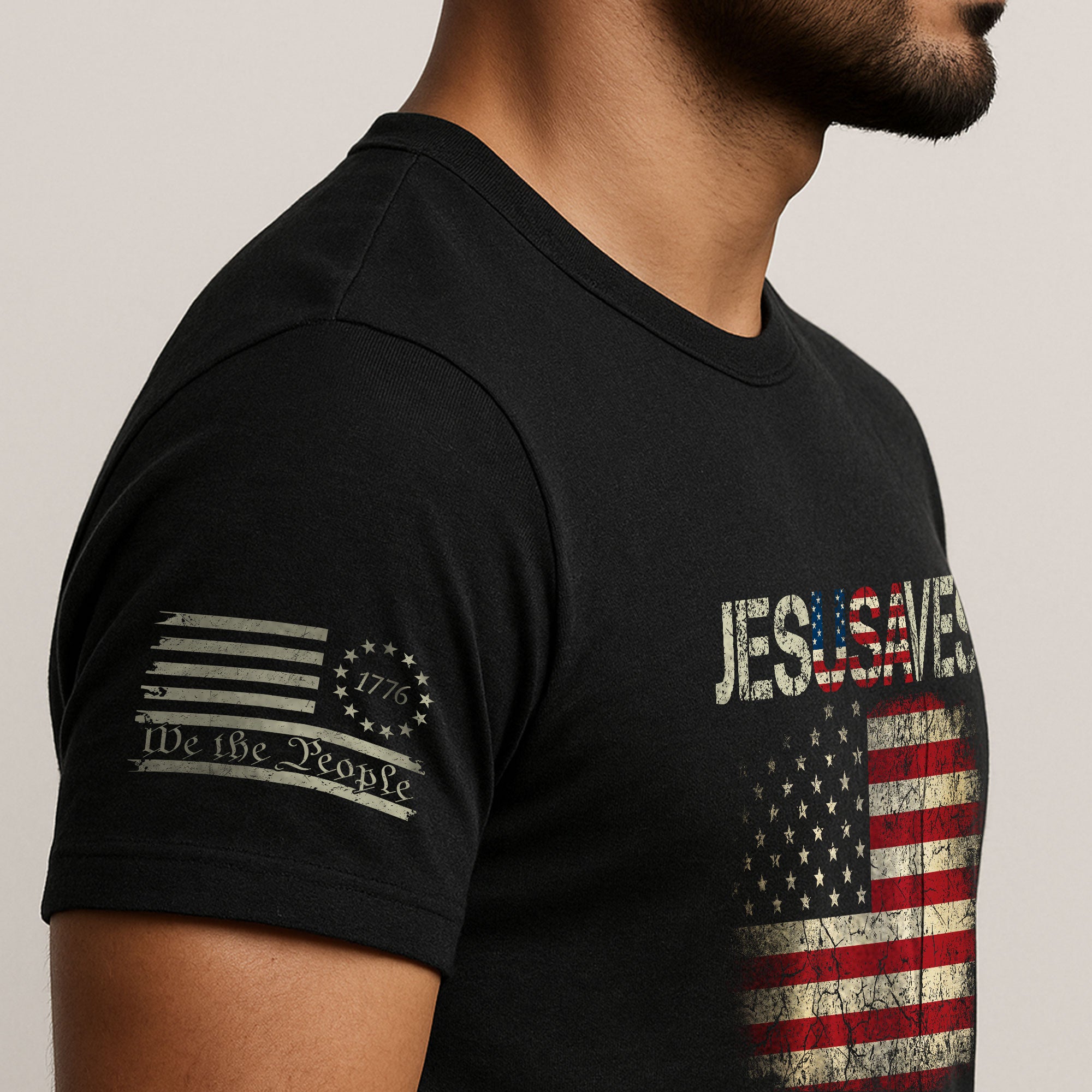 Vintage JESUSAVES USA Flag Shirt 1776 2026 We The People Men Patriotic Cotton Tee - Rust Field Wear