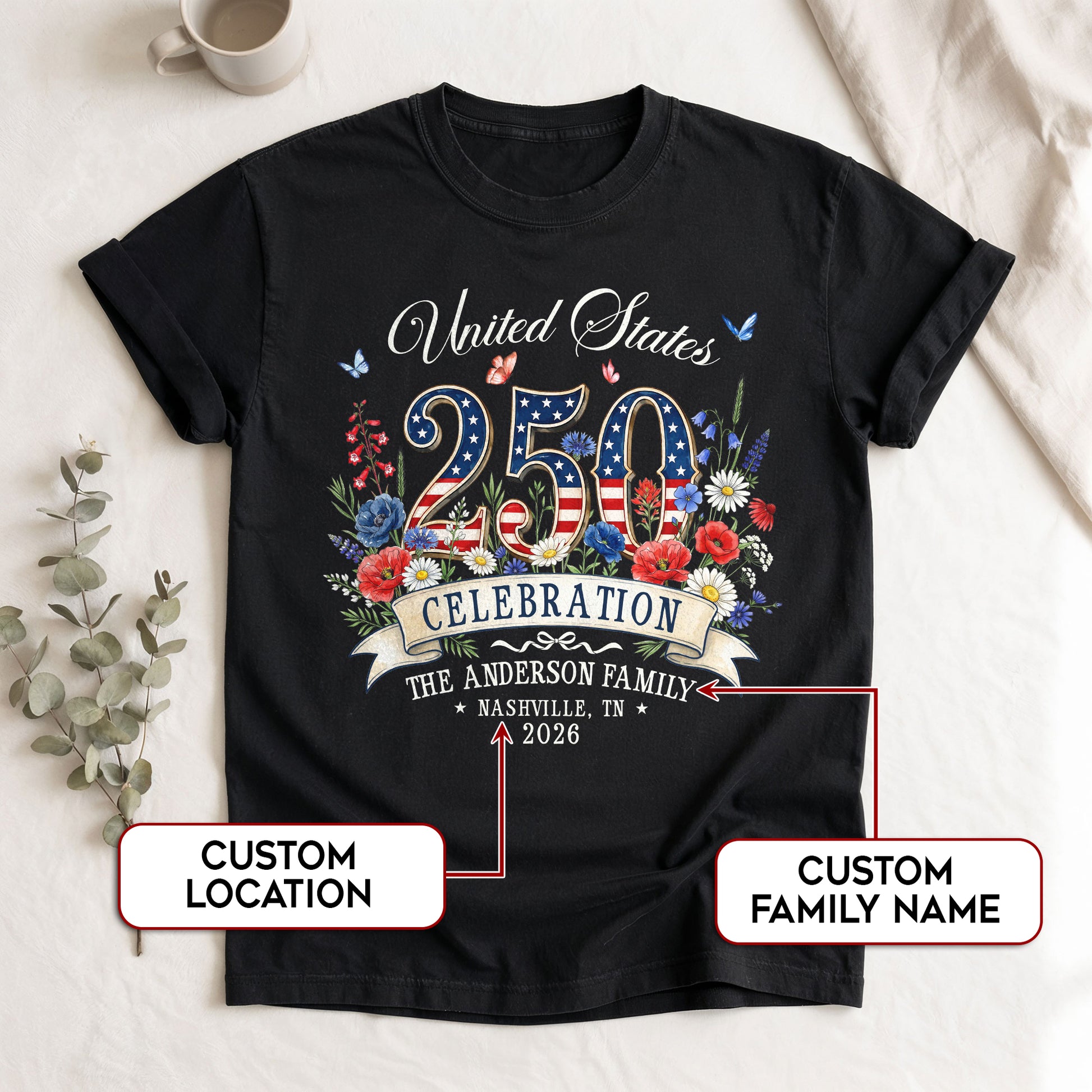 Custom Family Shirt United States Celebration 2026 250th Navy Patriotic Wildflower Graphic - Rust Field Wear