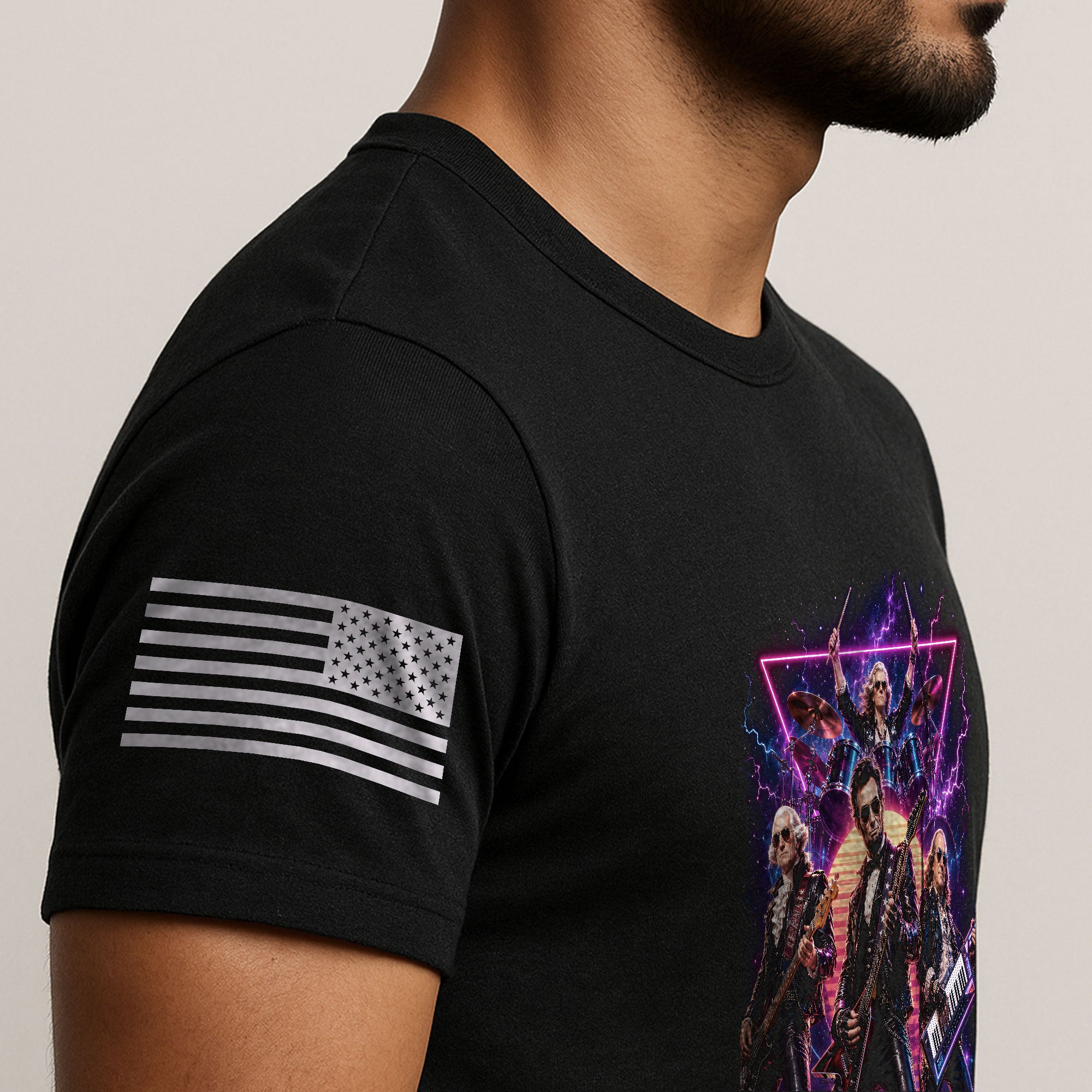 Retro Lincoln Guitar Player T-Shirt Neon Synthwave Rock Band Graphic Tee Gift - Rust Field Wear