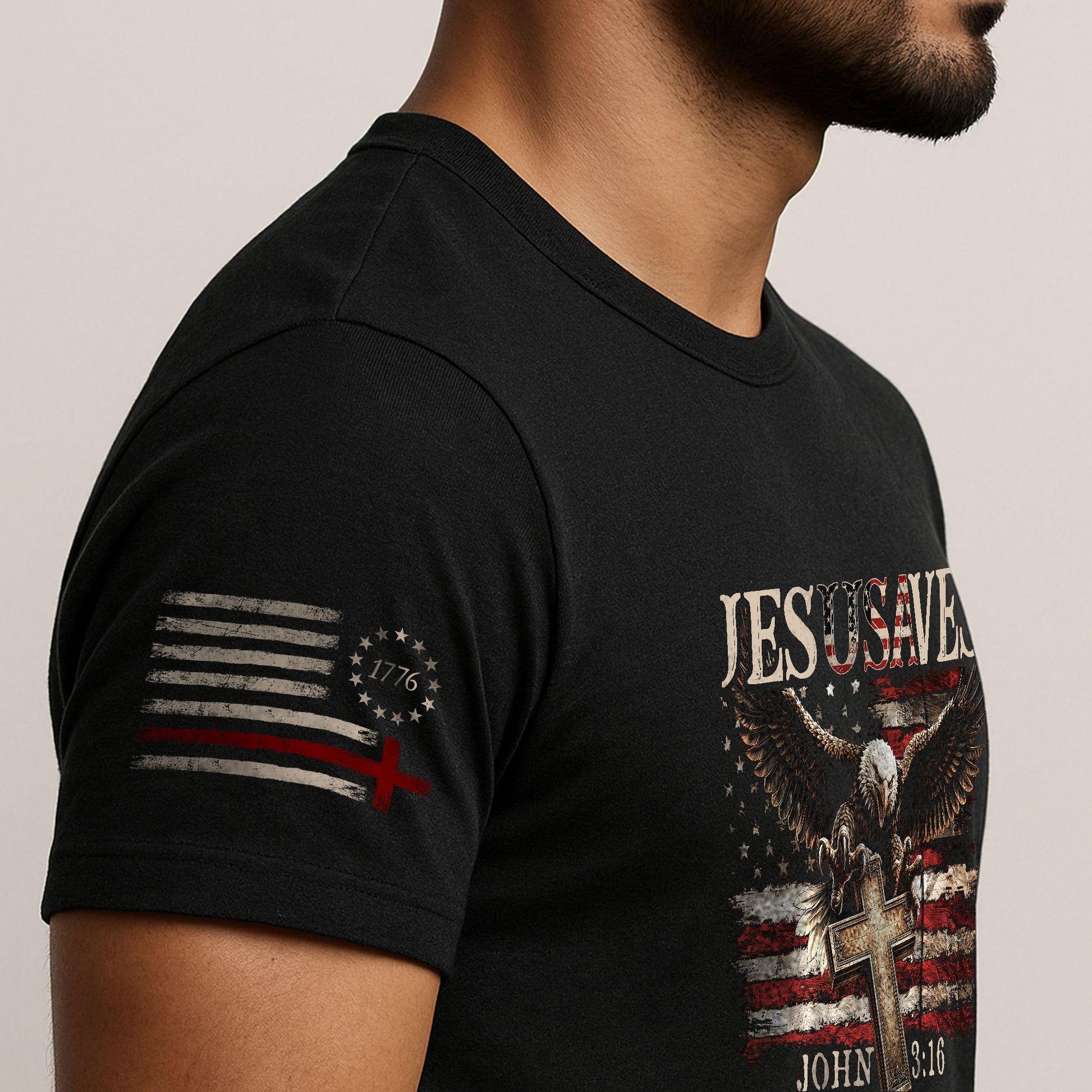 JESUSAVES T-Shirt Patriotic American Flag Bald Eagle Christian John 3:16 Religious Tee - Rust Field Wear