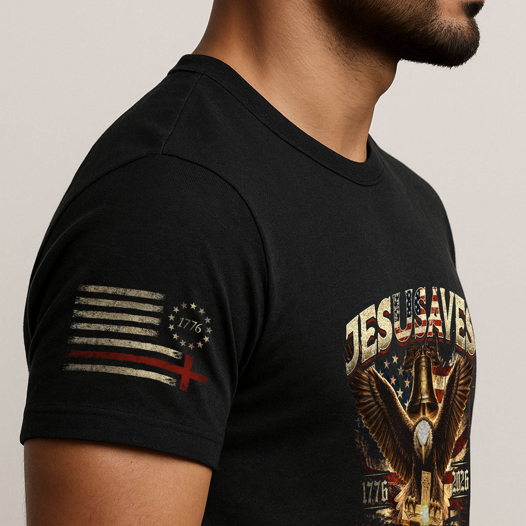JESUSAVES T-Shirt Patriotic 1776 2026 Liberty Bell Bald Eagle Christian Cross Tee - Rust Field Wear