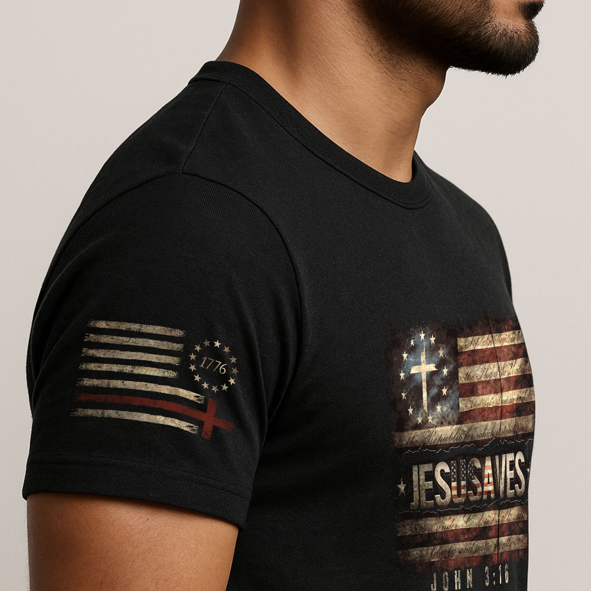JESUSAVES T-Shirt John 3:16 Pledge of Allegiance Christian Cross Patriotic US Flag Tee - Rust Field Wear