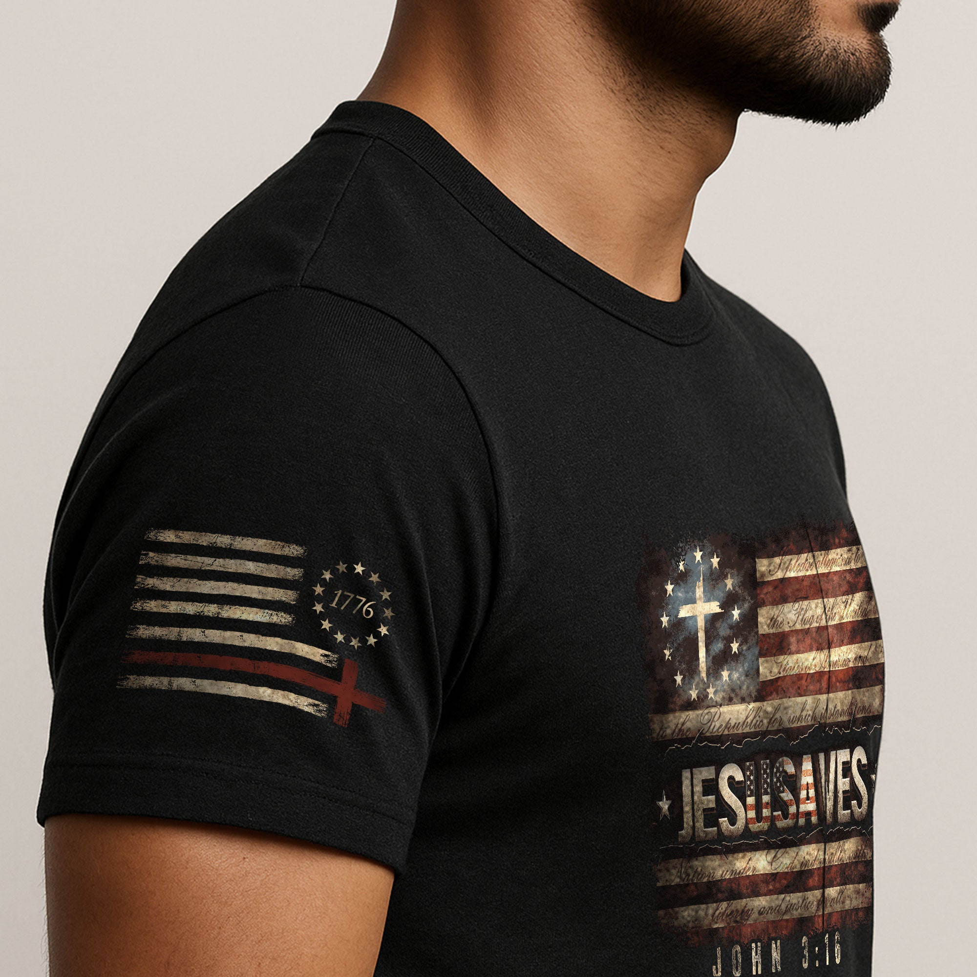 JESUSAVES T-Shirt John 3:16 Pledge of Allegiance Christian Cross Patriotic US Flag Tee - Rust Field Wear