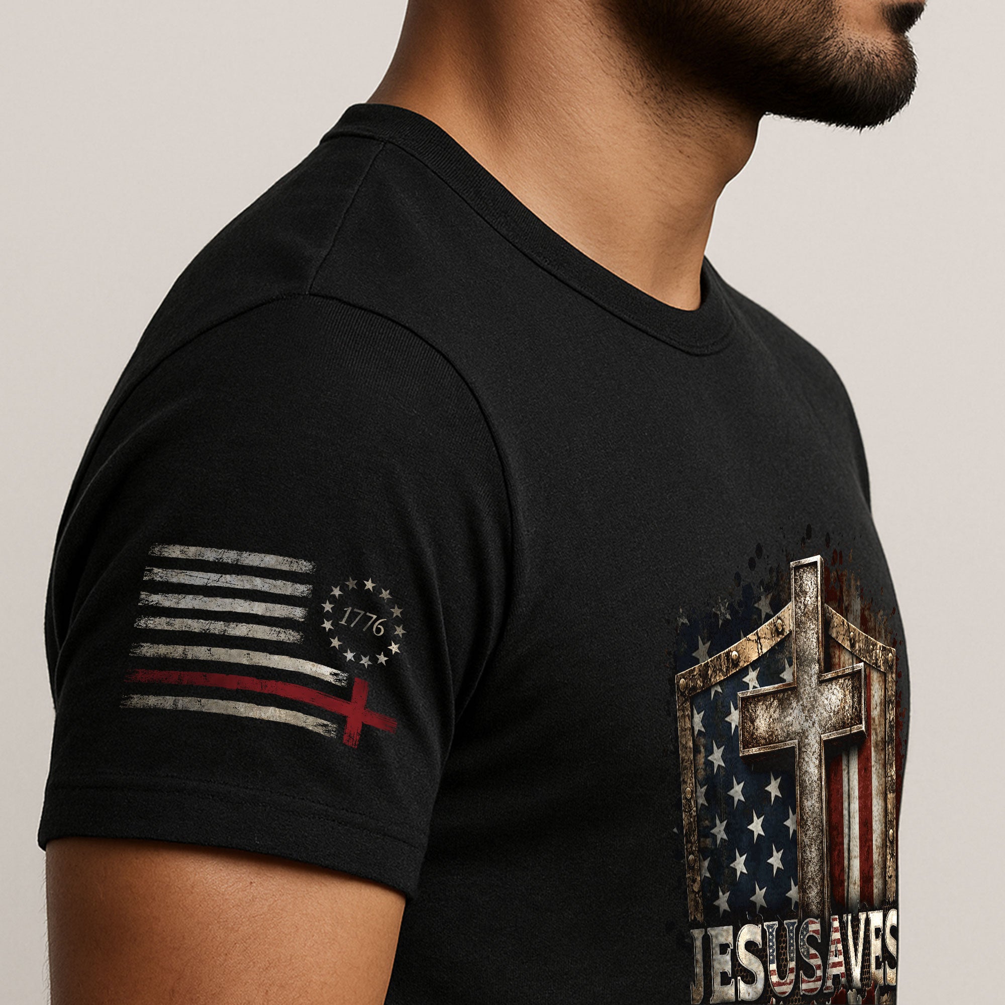 JESUSAVES T-Shirt Patriotic Shield Christian Cross American Flag John 3:16 Graphic Tee - Rust Field Wear