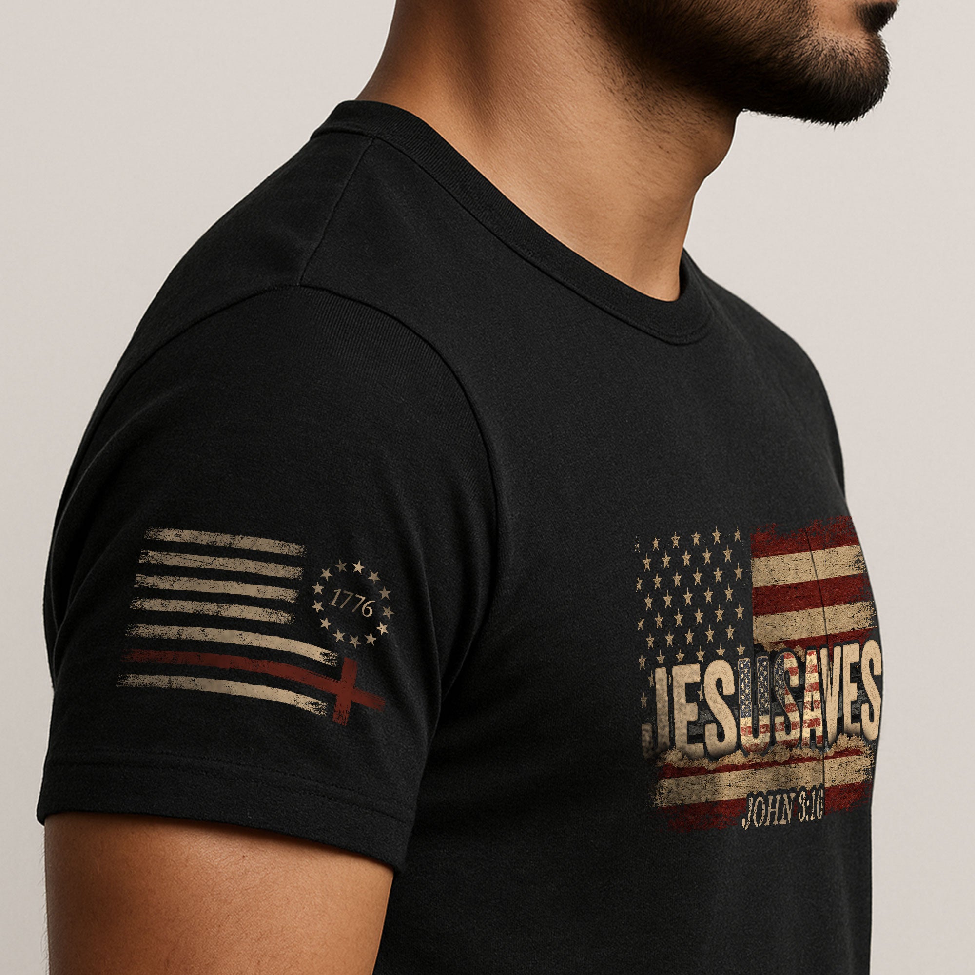 JESUSAVES T-Shirt John 3:16 Patriotic American Flag Distressed Christian Faith Tee - Rust Field Wear