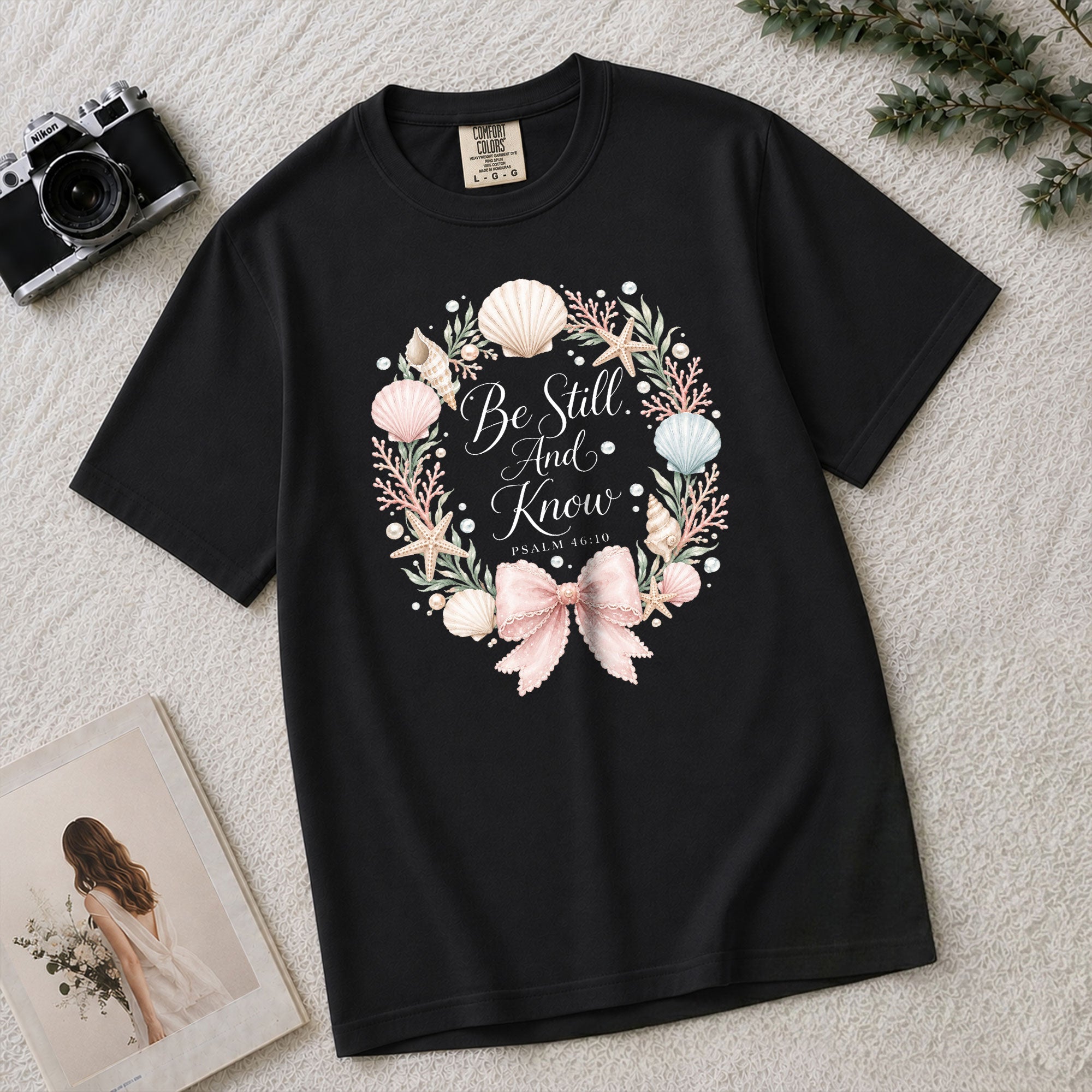 Be Still And Know Shirt Seashell Wreath Beach Christian Psalm 46 10 Faith Graphic Tee - Rust Field Wear