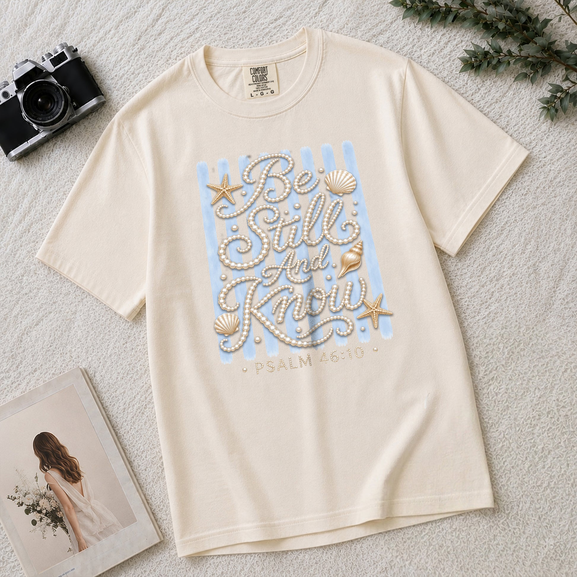Be Still And Know Shirt Pearl Lettering Ocean Beach Christian Psalm 46 10 Graphic Tee - Rust Field Wear