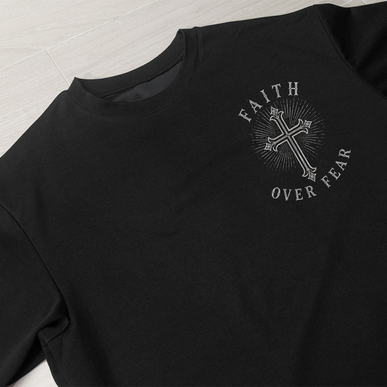 Faith Over Fear Shirt Men Christian T-Shirt Crown Thorns Cross Flag Graphic Religious Tee