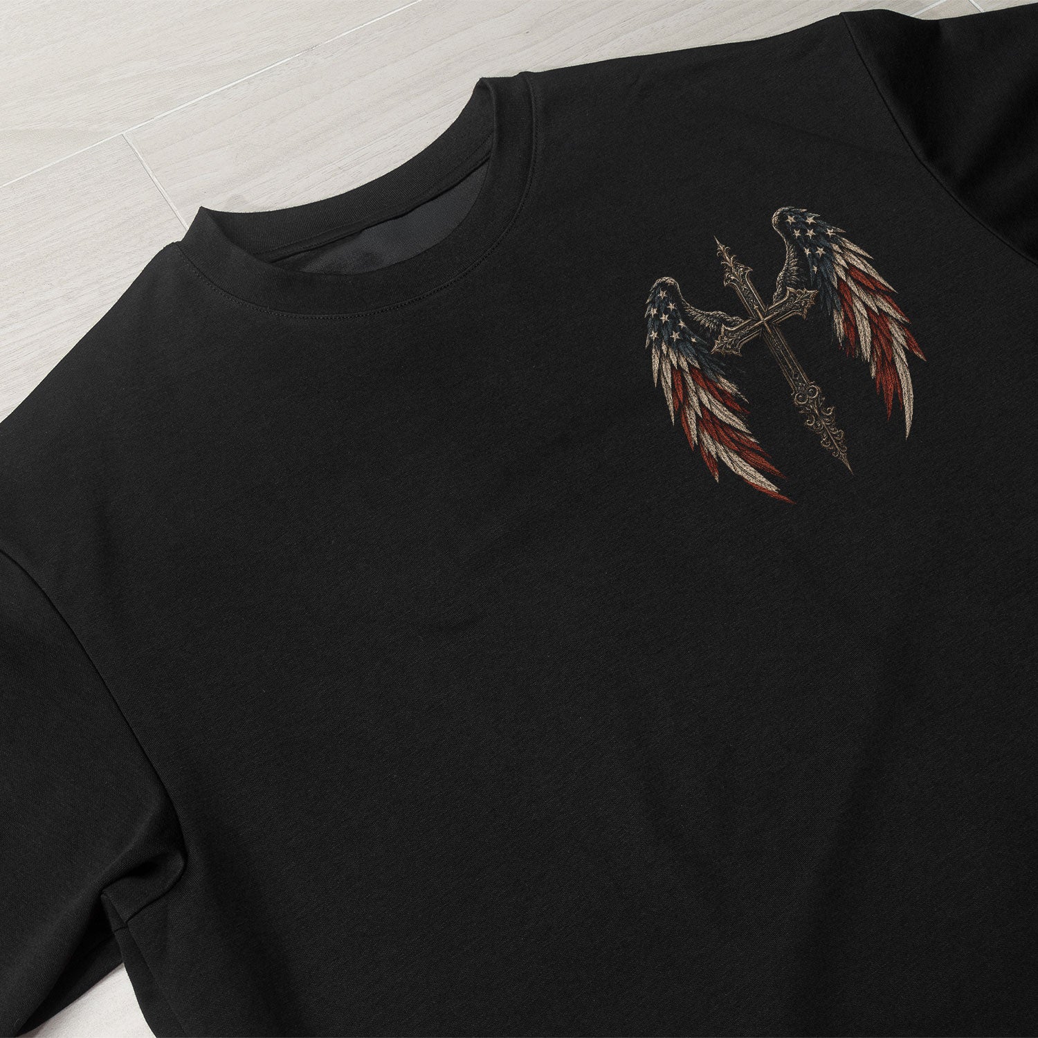 One Nation Under God T Shirt American Flag Wings Cross Religious Apparel Tee Top upsale
