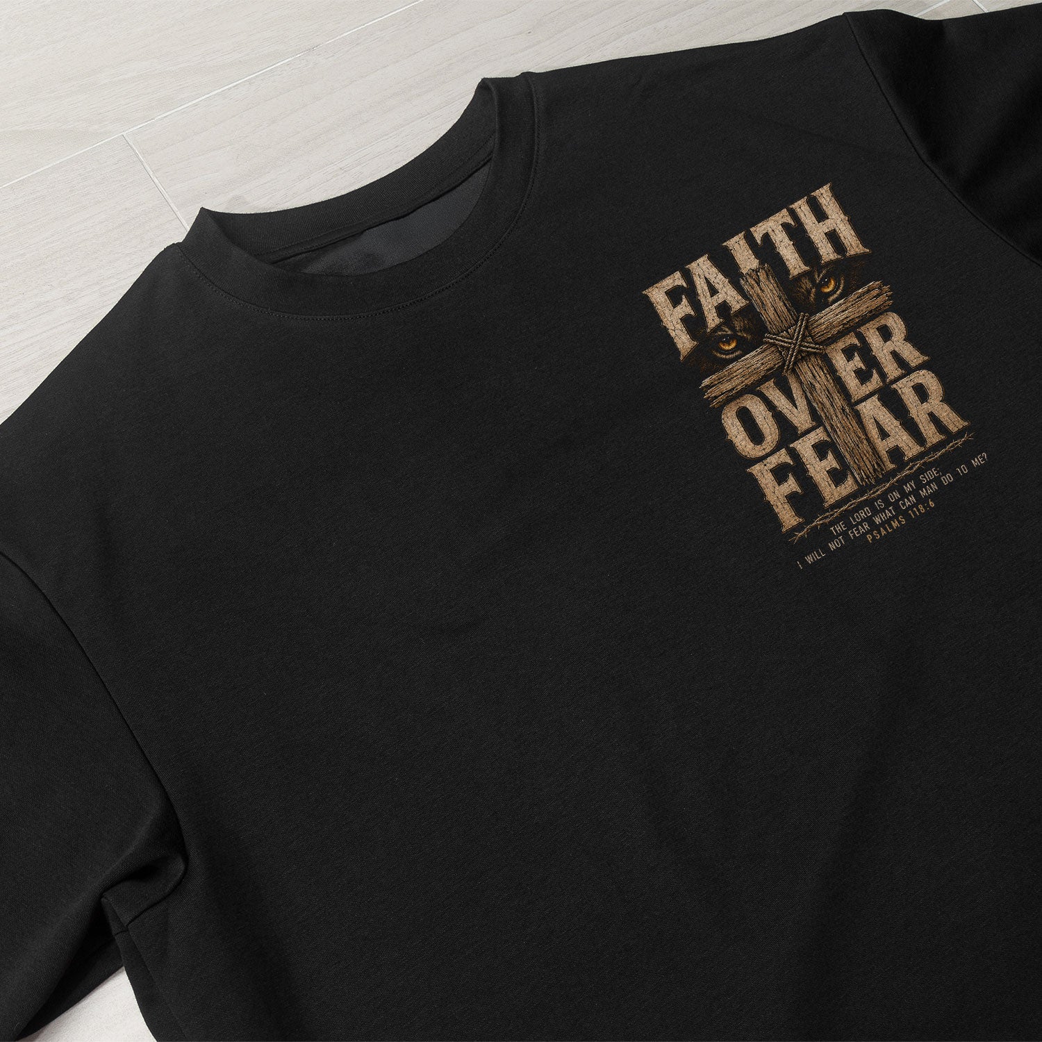 Faith Over Fear Lion Eyes Cross Psalm 118:6 Christian T-Shirt Unisex Casual Top - Rust Field Wear