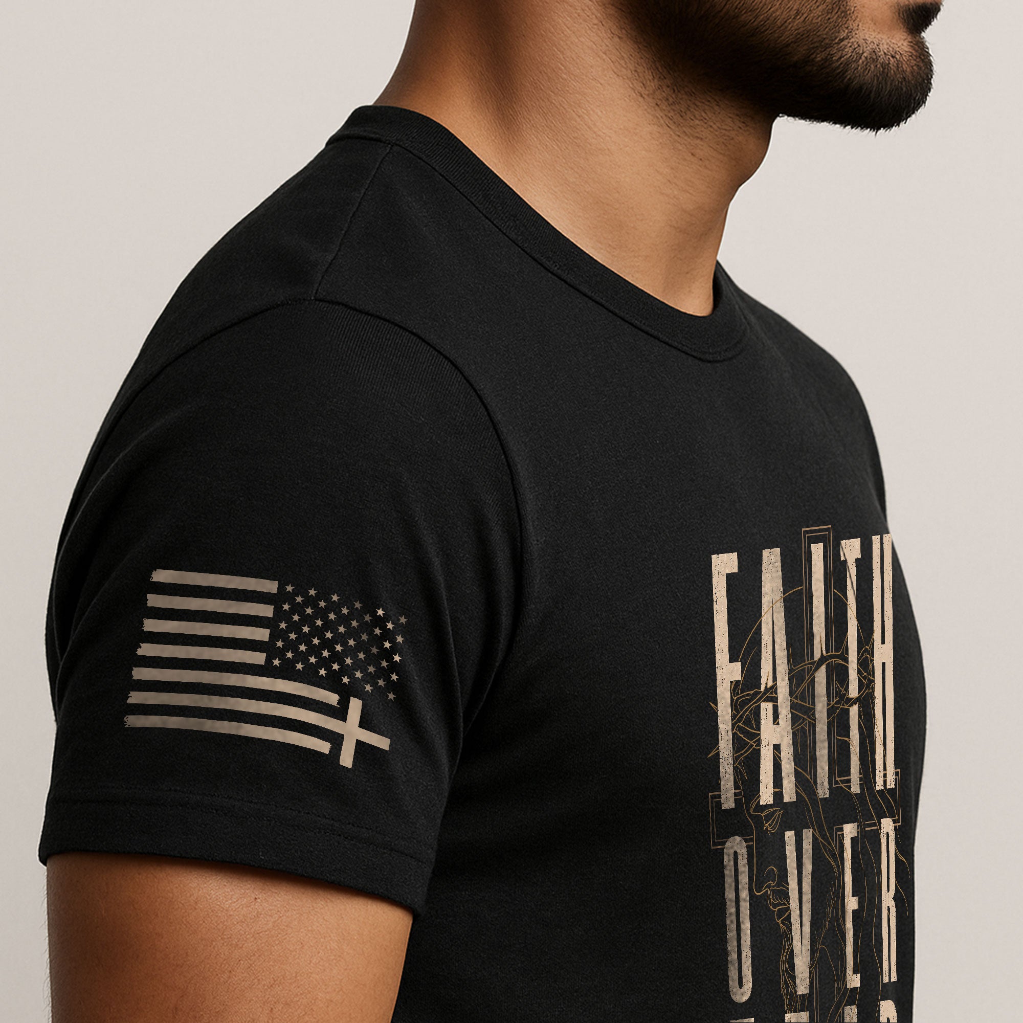 Faith Over Fear Shirt Christian Cross Crown Of Thorns Psalms 118 Patriotic US Flag Tee