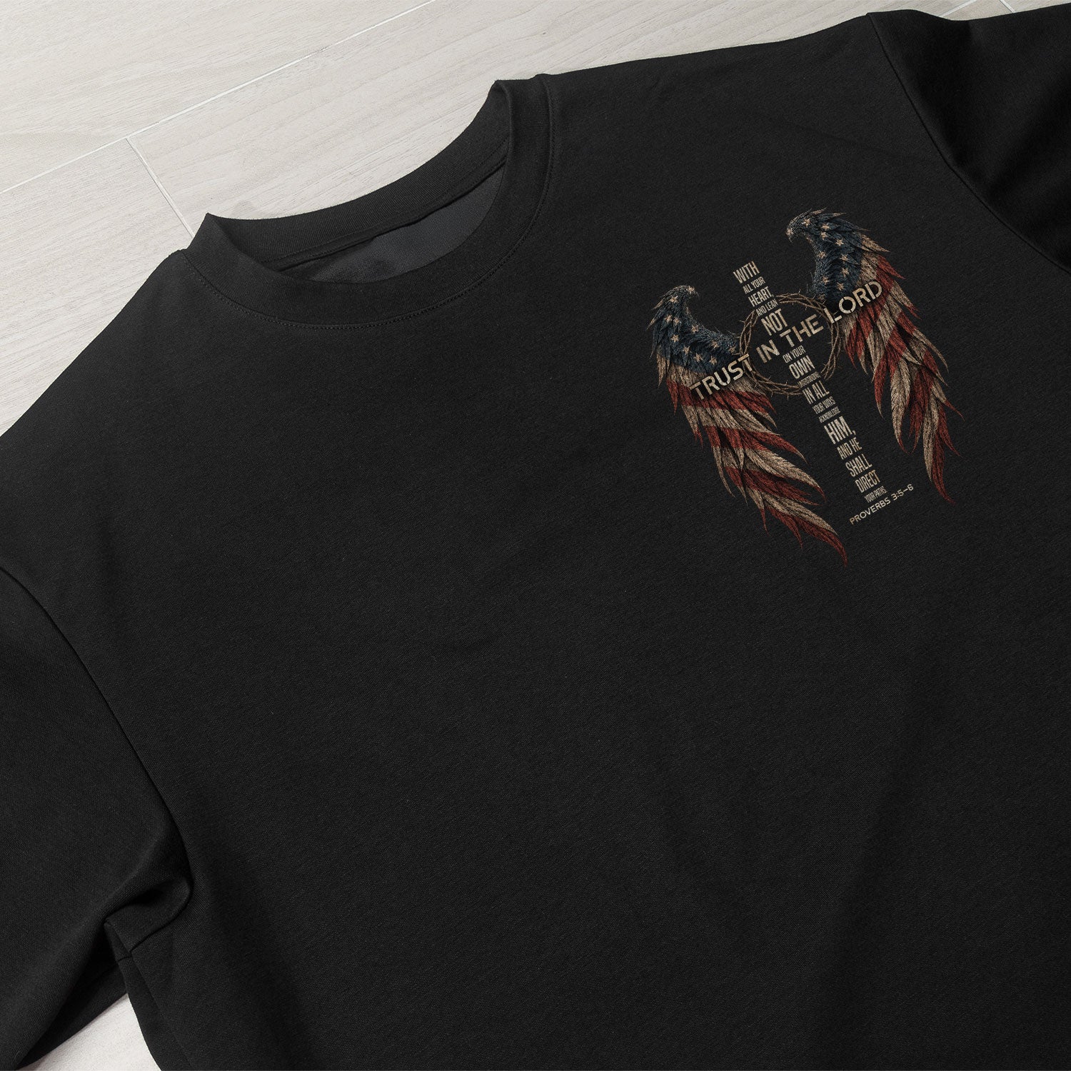 Trust In The Lord Shirt Faith Christian Cross US Flag Wings Proverbs 3 5 6 Graphic Tee - Rust Field Wear