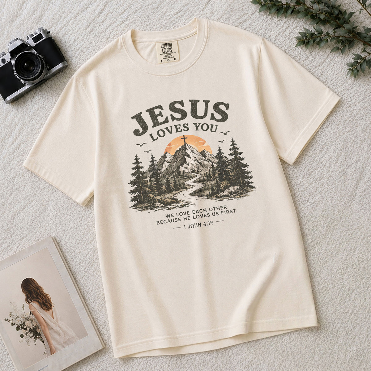 Jesus Loves You Shirt Mountain Christian Sunset Cross 1 John 4 19 Faith Graphic Tee - Rust Field Wear