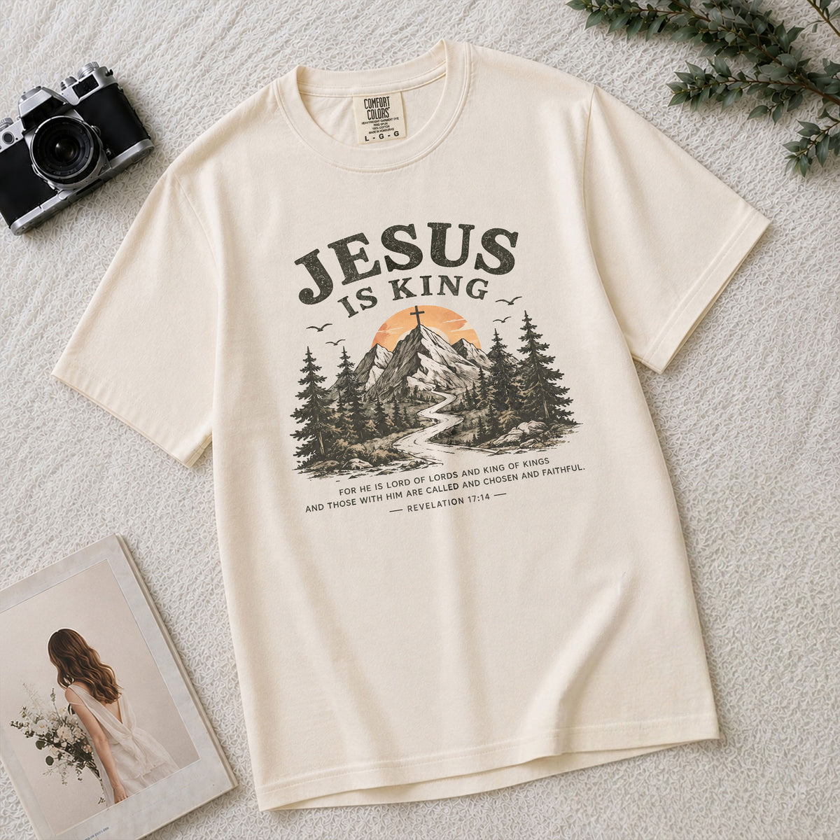 Jesus Is King Mountain Cross Trees Revelation 17 14 Graphic Christian T Shirt Women - Rust Field Wear