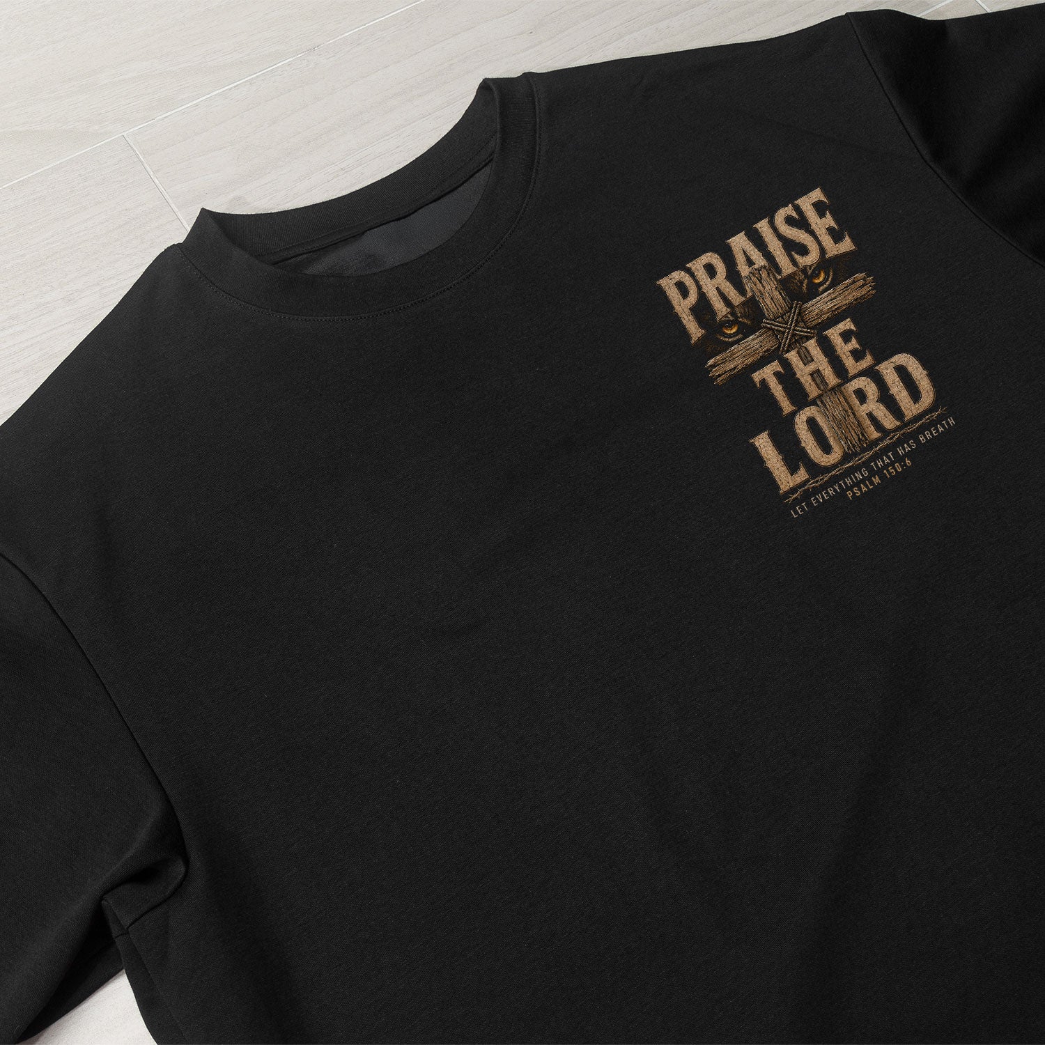 Praise The Lord Shirt Lion Of Judah Wooden Cross Christian Psalm 150 6 Faith Graphic Tee - Rust Field Wear
