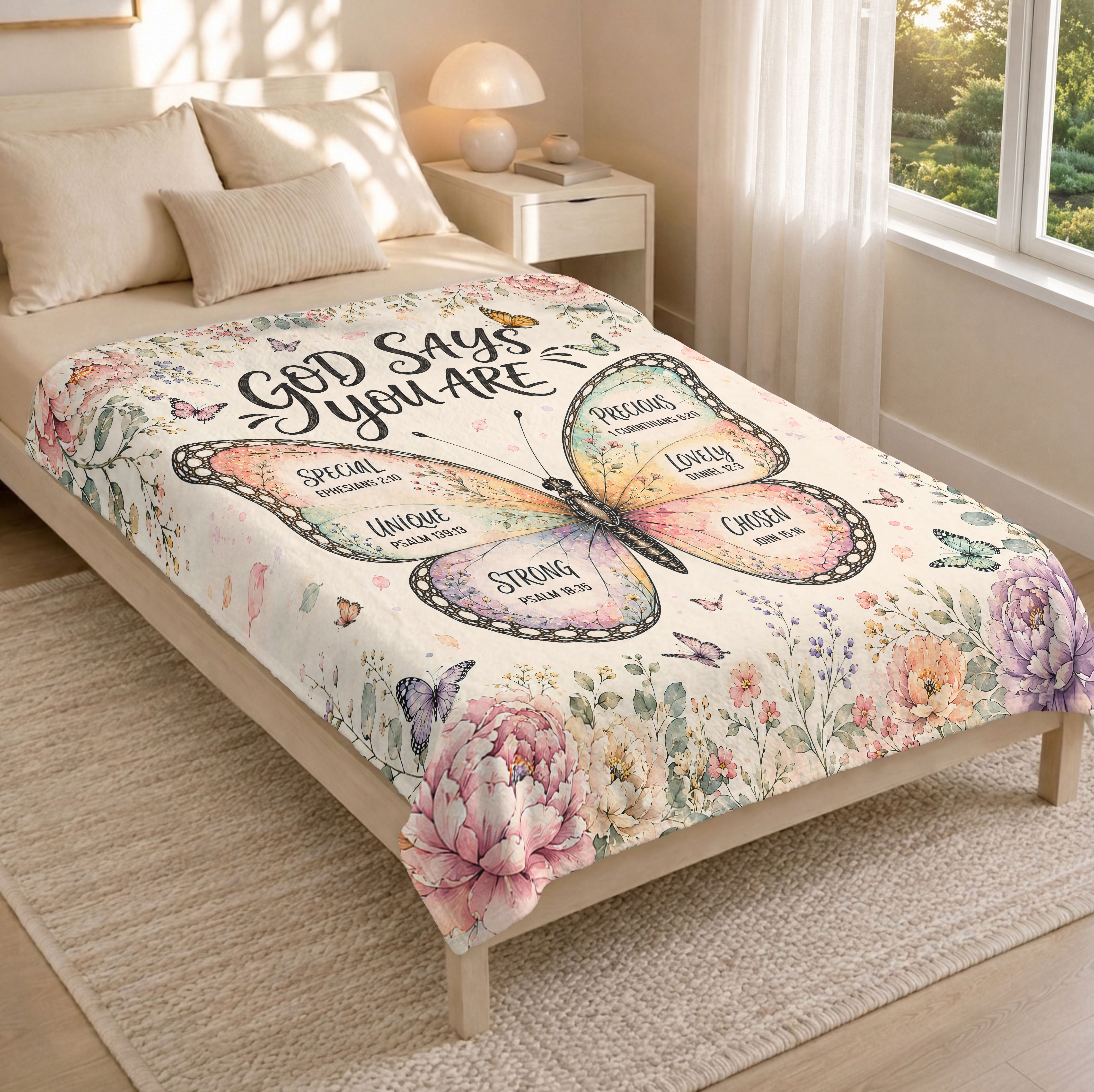 God Says You Are Butterfly Blanket with Bible Verses Christian Floral Faith Inspiration upsale