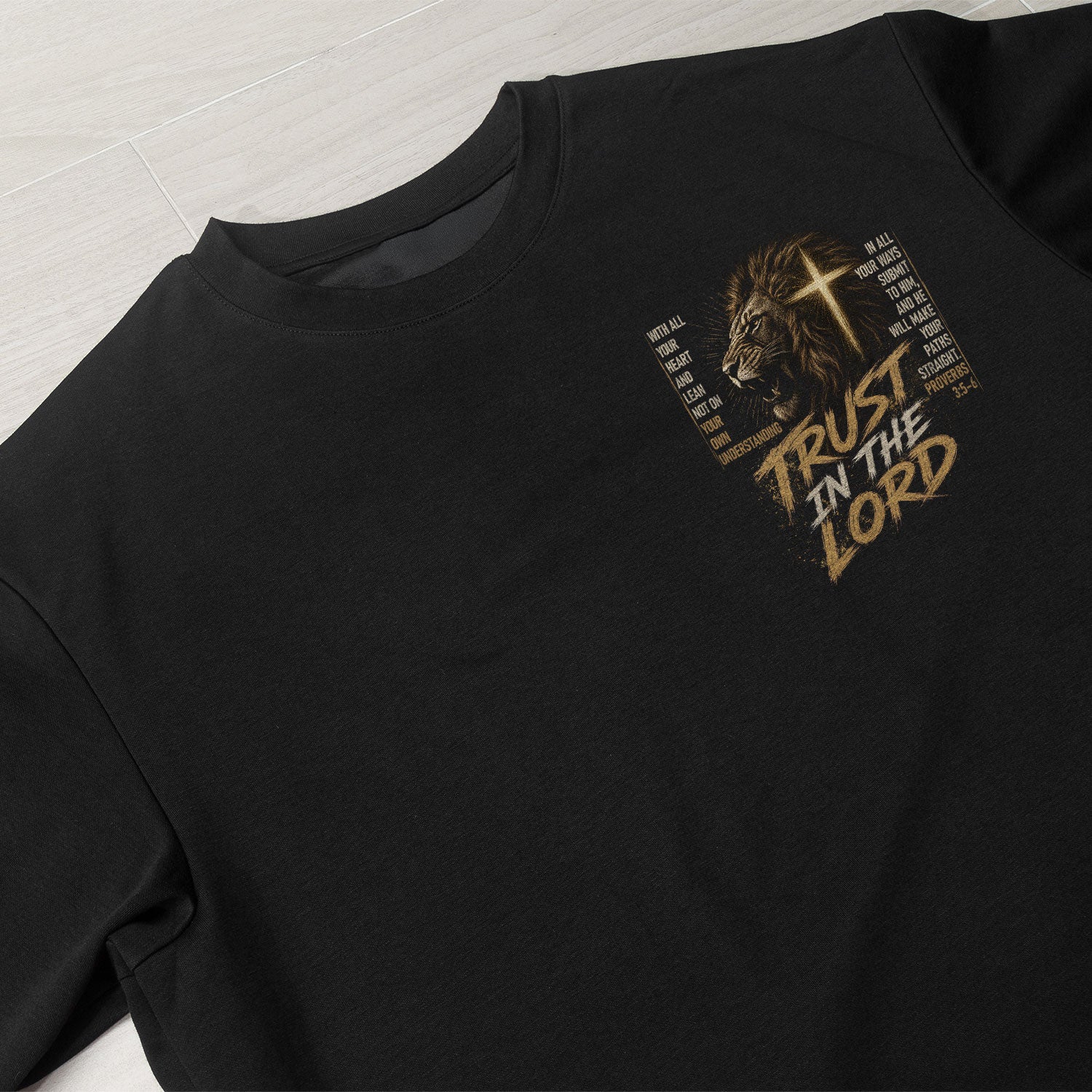 Trust In The Lord Lion Cross Scripture Christian Graphic Casual Crewneck Tee Shirt Men - Rust Field Wear