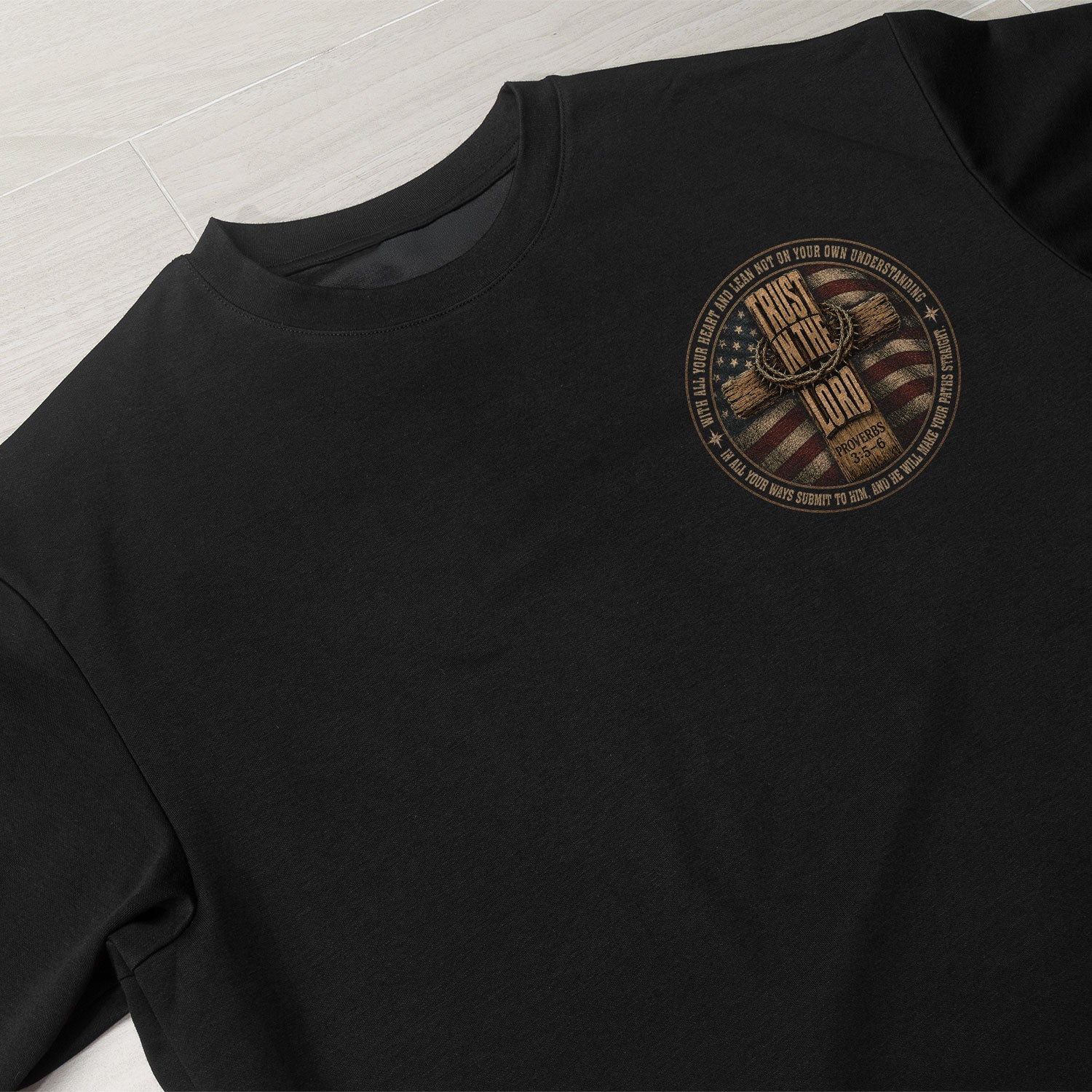 Trust In The Lord American Flag Cross Christian Shirt Graphic Casual Crewneck Men - Rust Field Wear