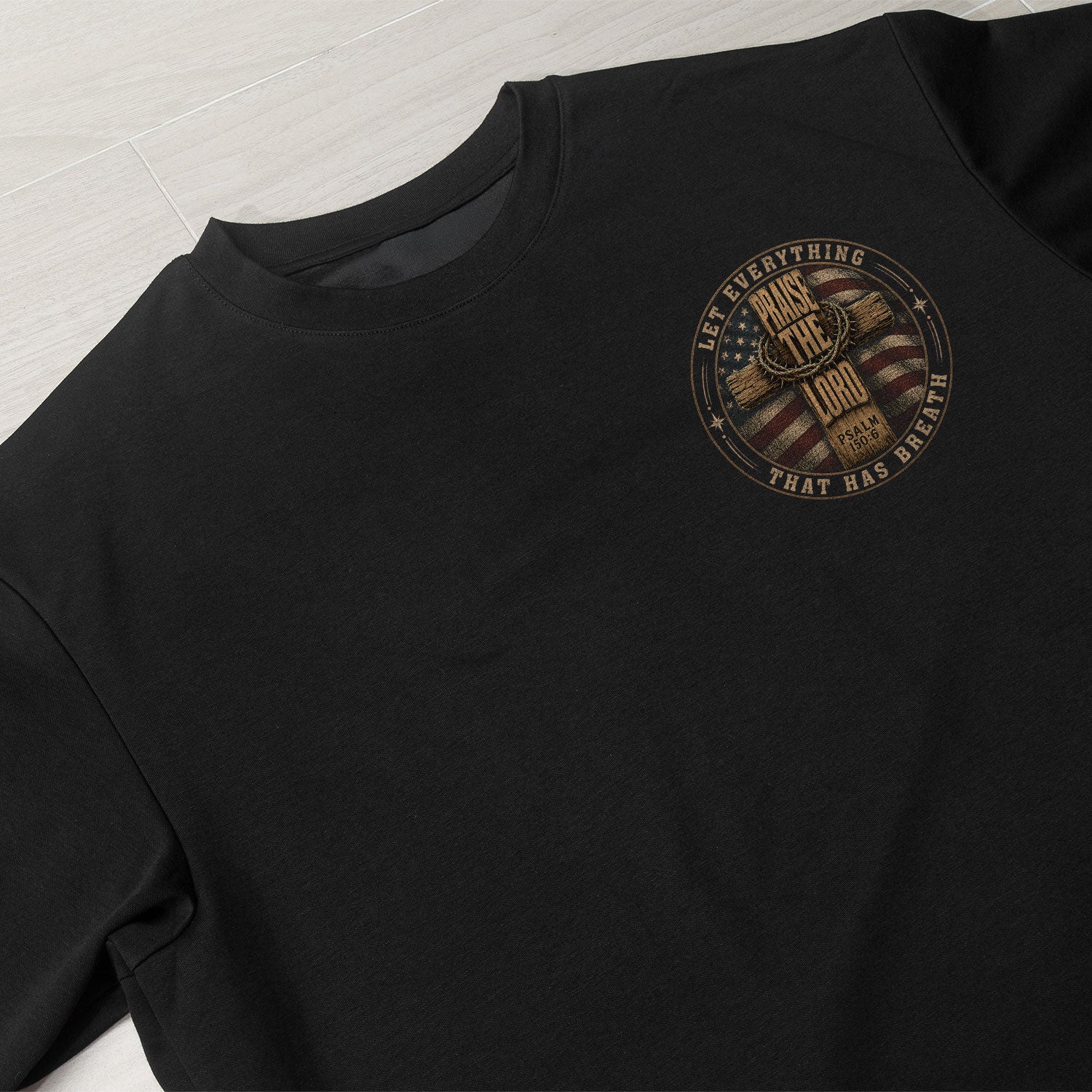 Let Everything That Has Breath Praise The Lord American Flag Cross Graphic Tee Men - Rust Field Wear