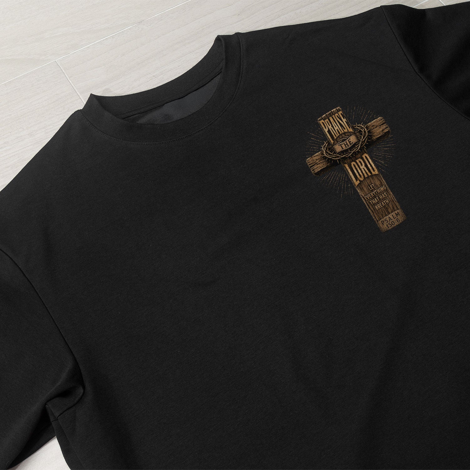 Praise The Lord Wooden Cross Scripture Christian Graphic Casual Crewneck Tee Shirt Men - Rust Field Wear
