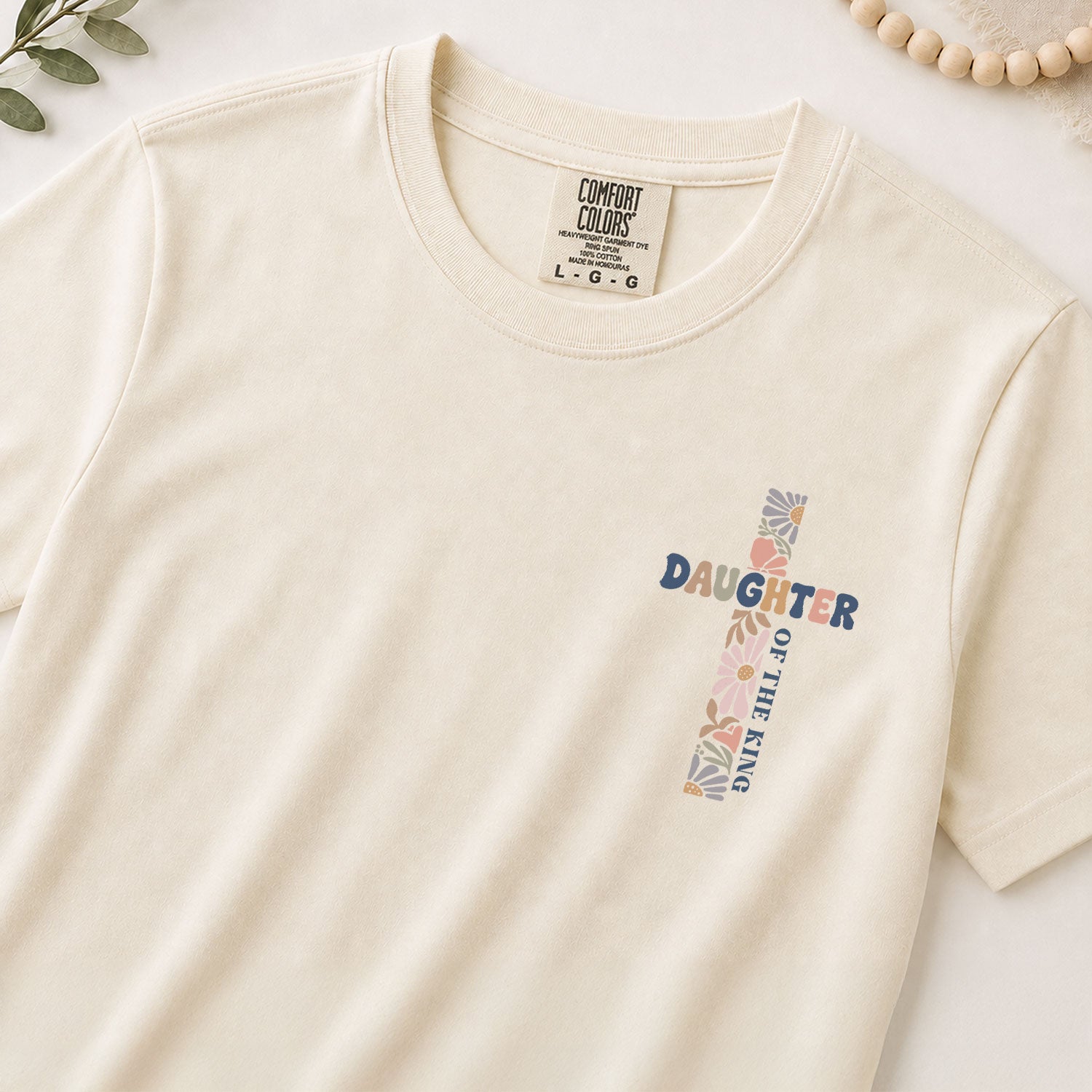 Daughter Of The King Retro Floral Cross Christian Graphic Everyday Tee Shirt Women - Rust Field Wear