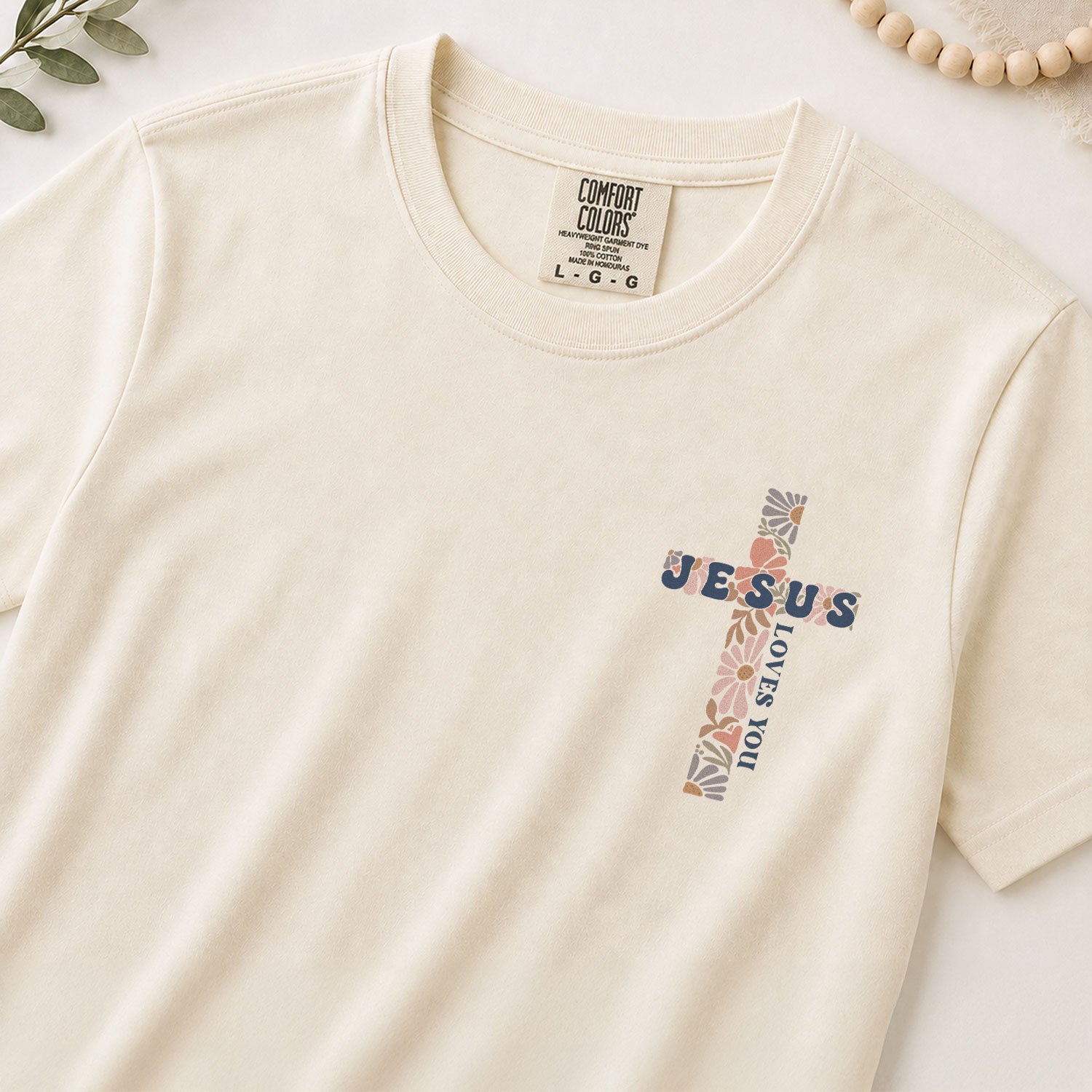 Jesus Loves You Retro Floral Cross Christian Graphic Casual Basic Tee Shirt Women - Rust Field Wear
