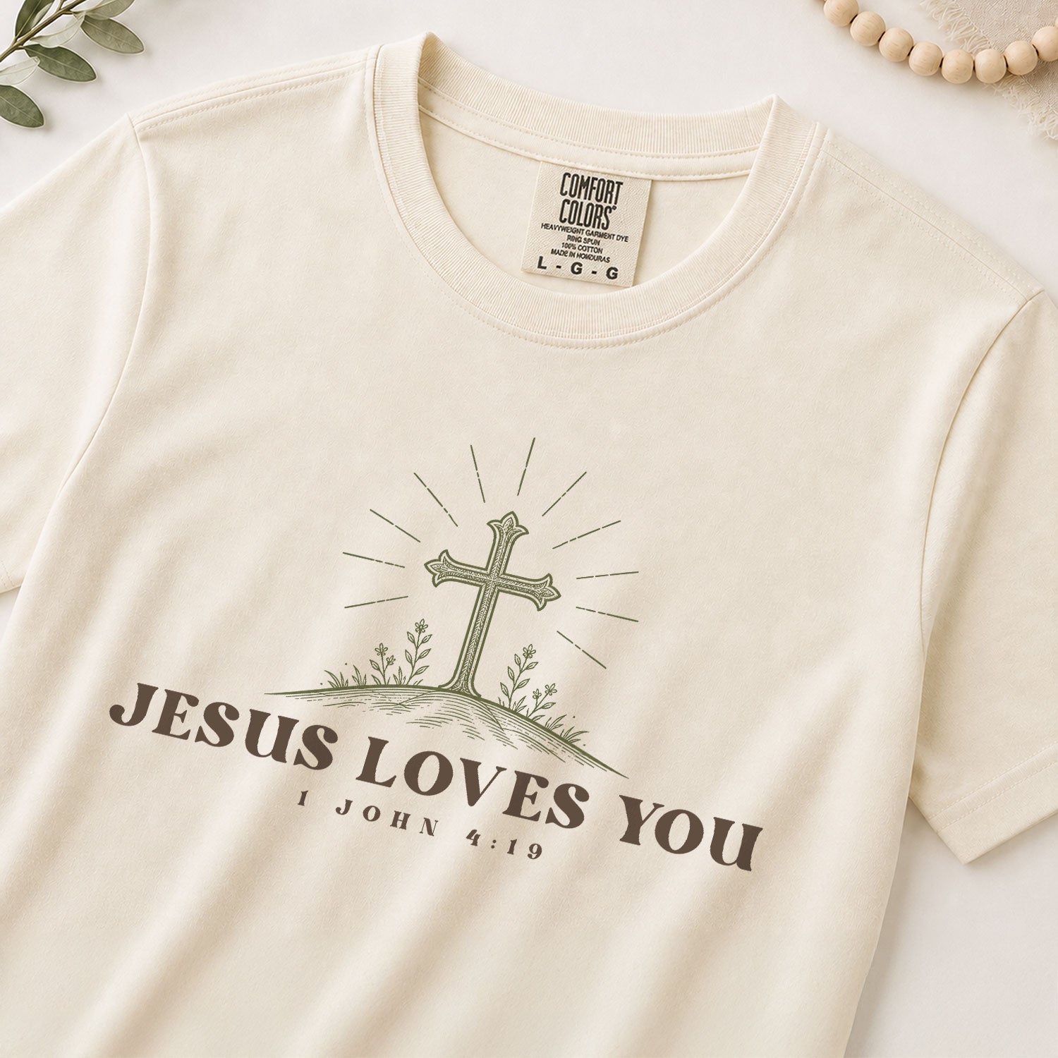 Jesus Loves You 1 John 4 19 Cross Floral Christian Graphic Casual Tee Shirt Women - Rust Field Wear