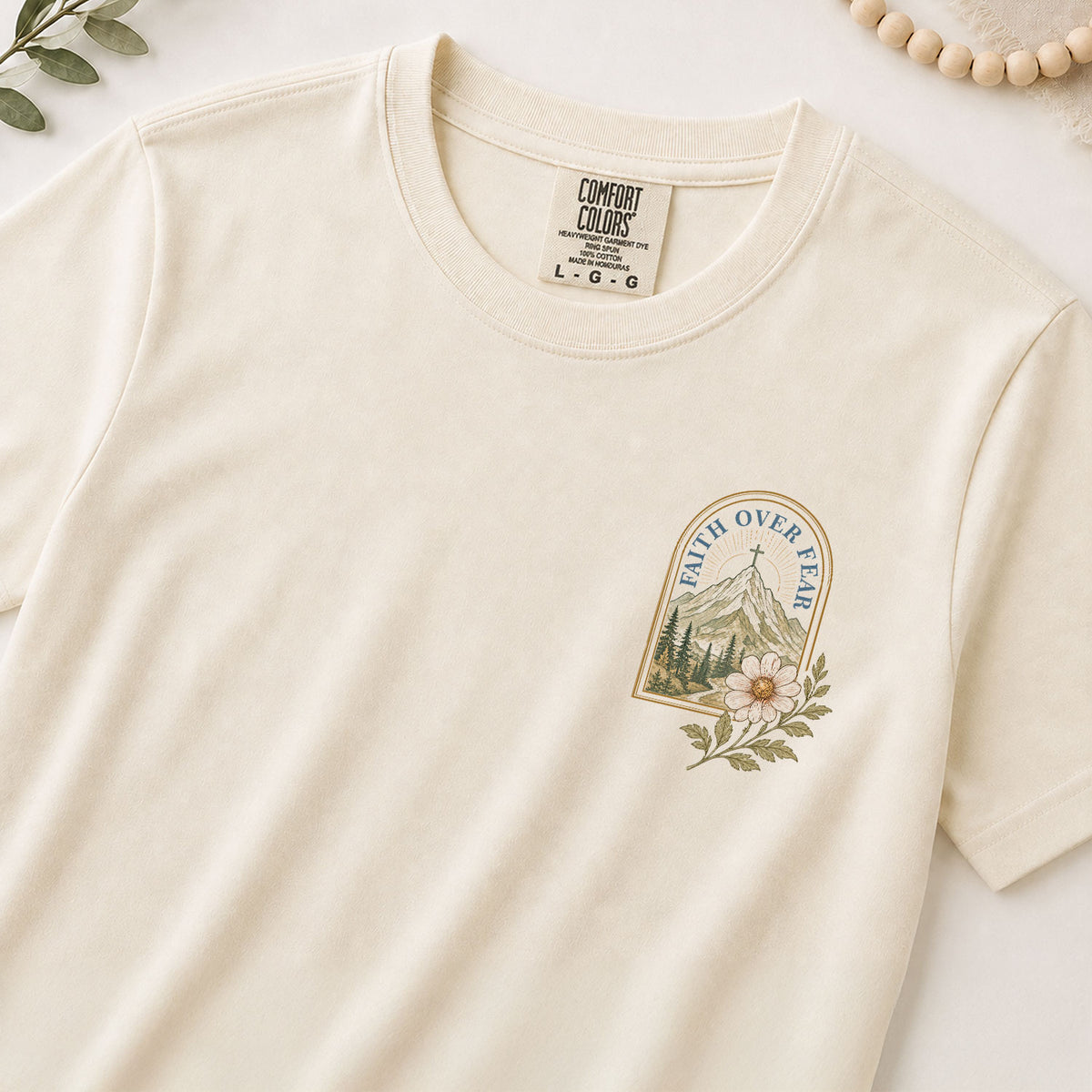 Inspirational Christian Faith Over Fear Mountain Aesthetic Women Graphic Tee Shirt - Rust Field Wear