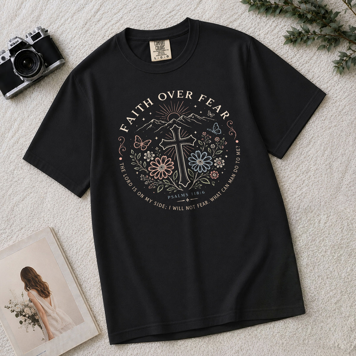Devout Christian Faith Over Fear Cross Aesthetic Women Graphic Tee Shirt Vintage - Rust Field Wear